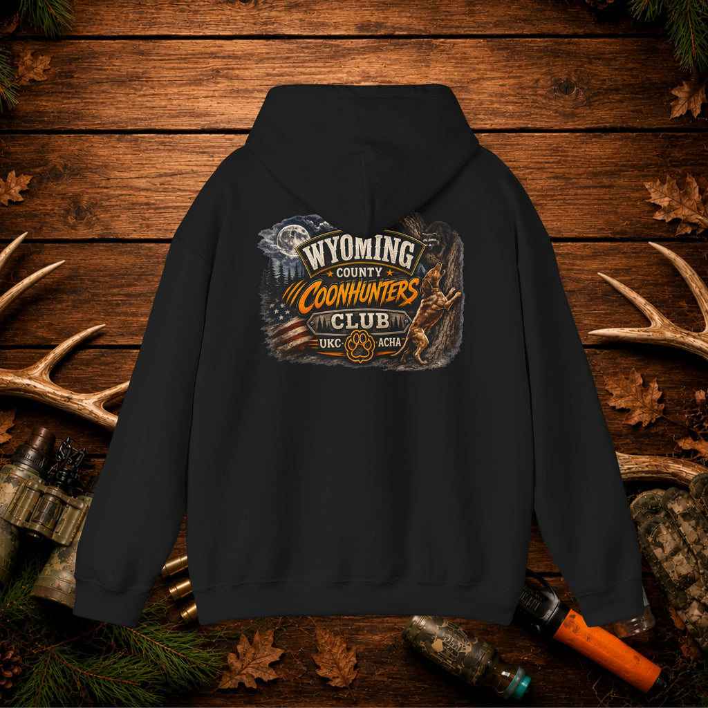 Coonhunters Club Hoodie — Wyoming County Retro Hunting Graphic