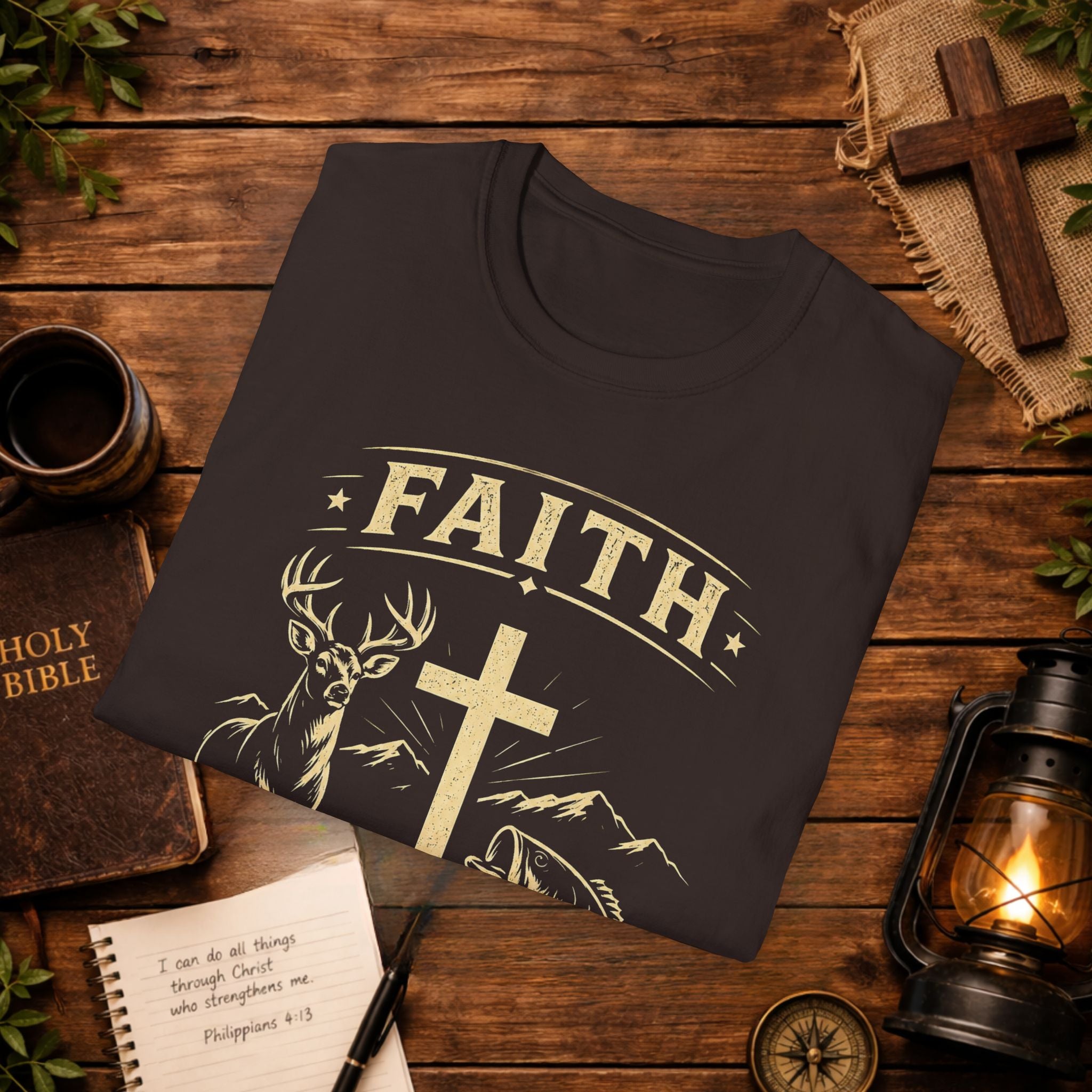 Faith Cross Deer & Fish T-Shirt — Christian Hunting & Fishing Graphic Tee