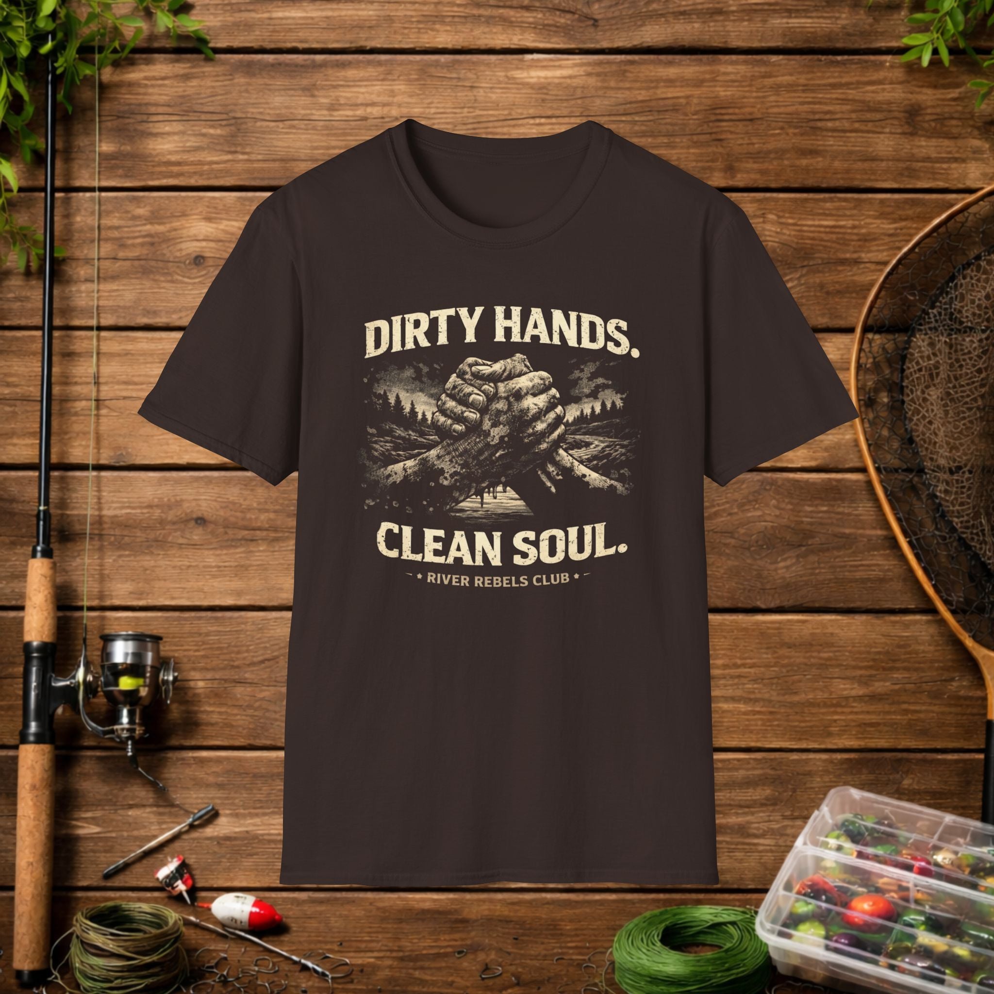 Dirty Hands Clean Soul Shirt – River Rebels Club Tee – Outdoor Fishing Lifestyle Shirt – Rustic Country Apparel