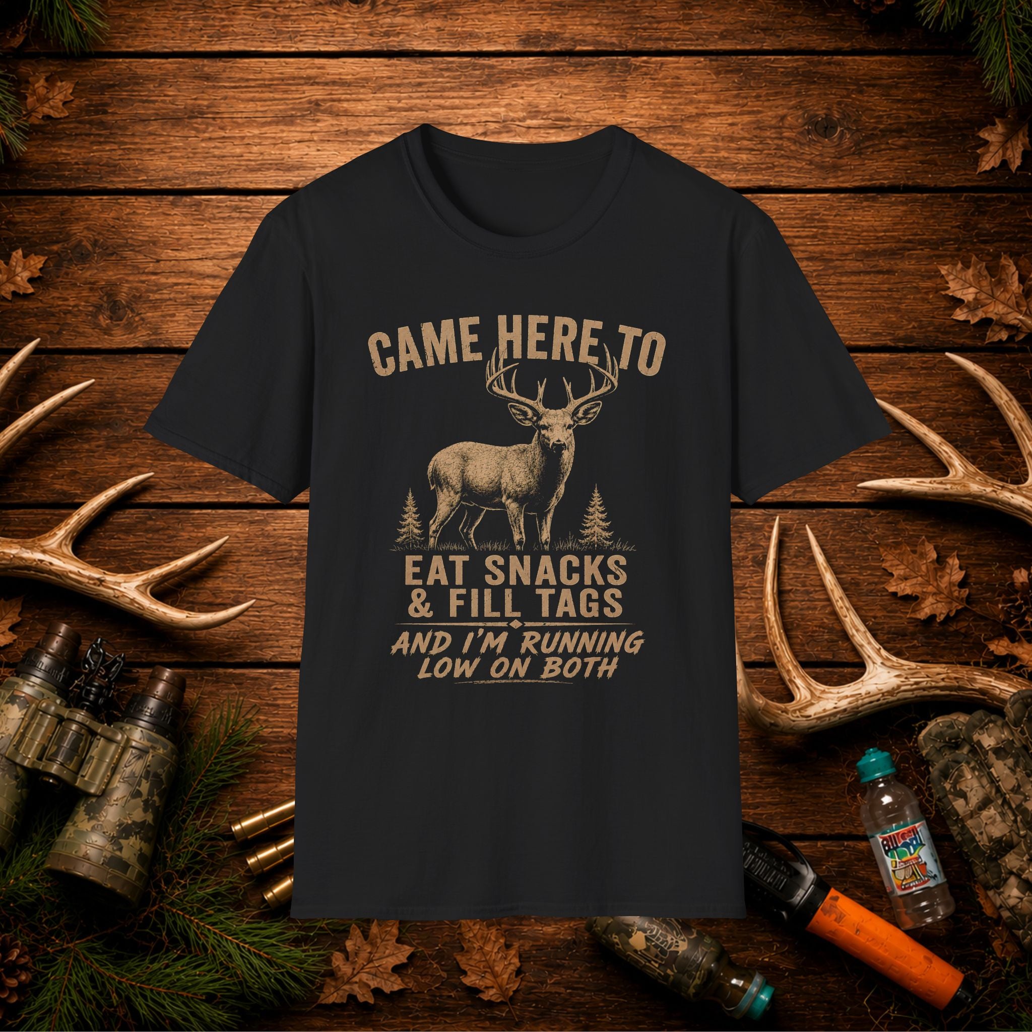 Came Here To Eat Snacks & Fill Tags Deer T‑Shirt — Funny Hunting Crew Tee