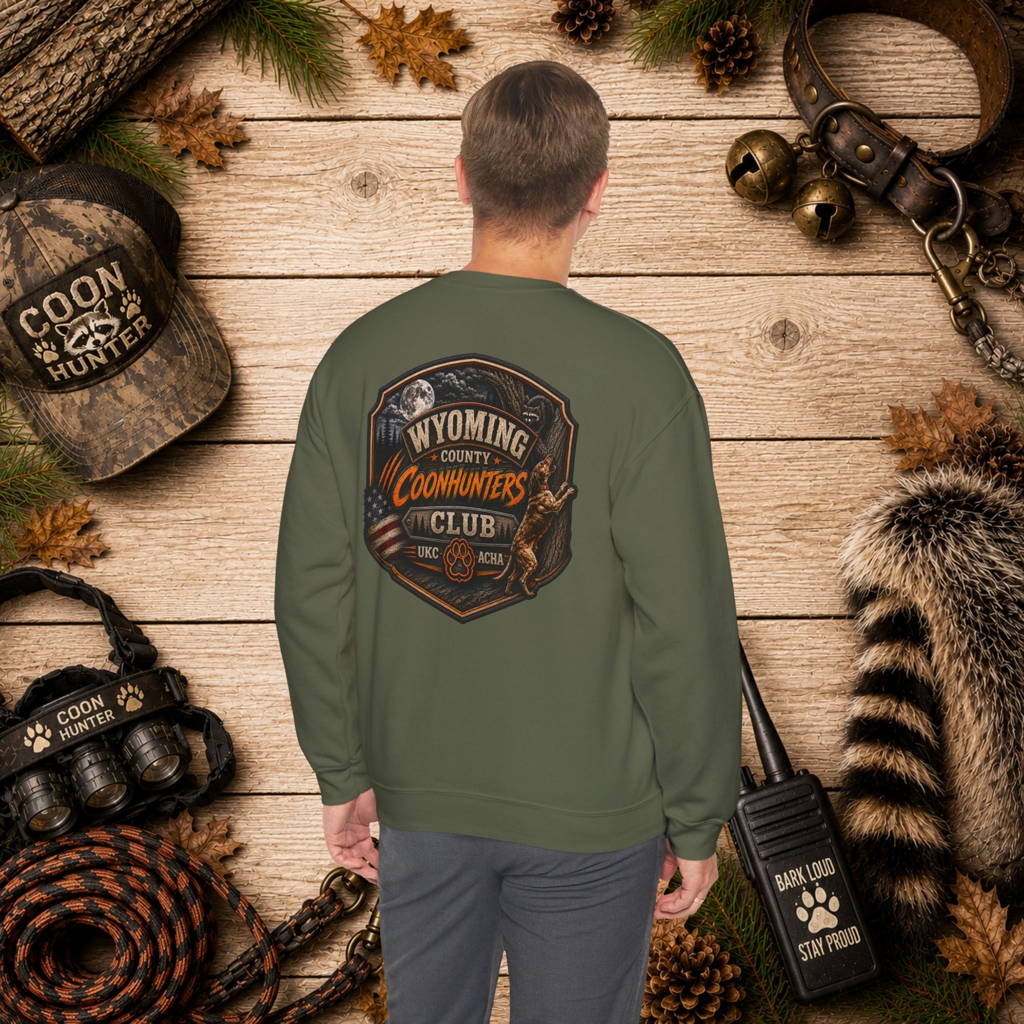 Coonhunters Club Crewneck Sweatshirt - Wyoming County Vintage Hunting Badge