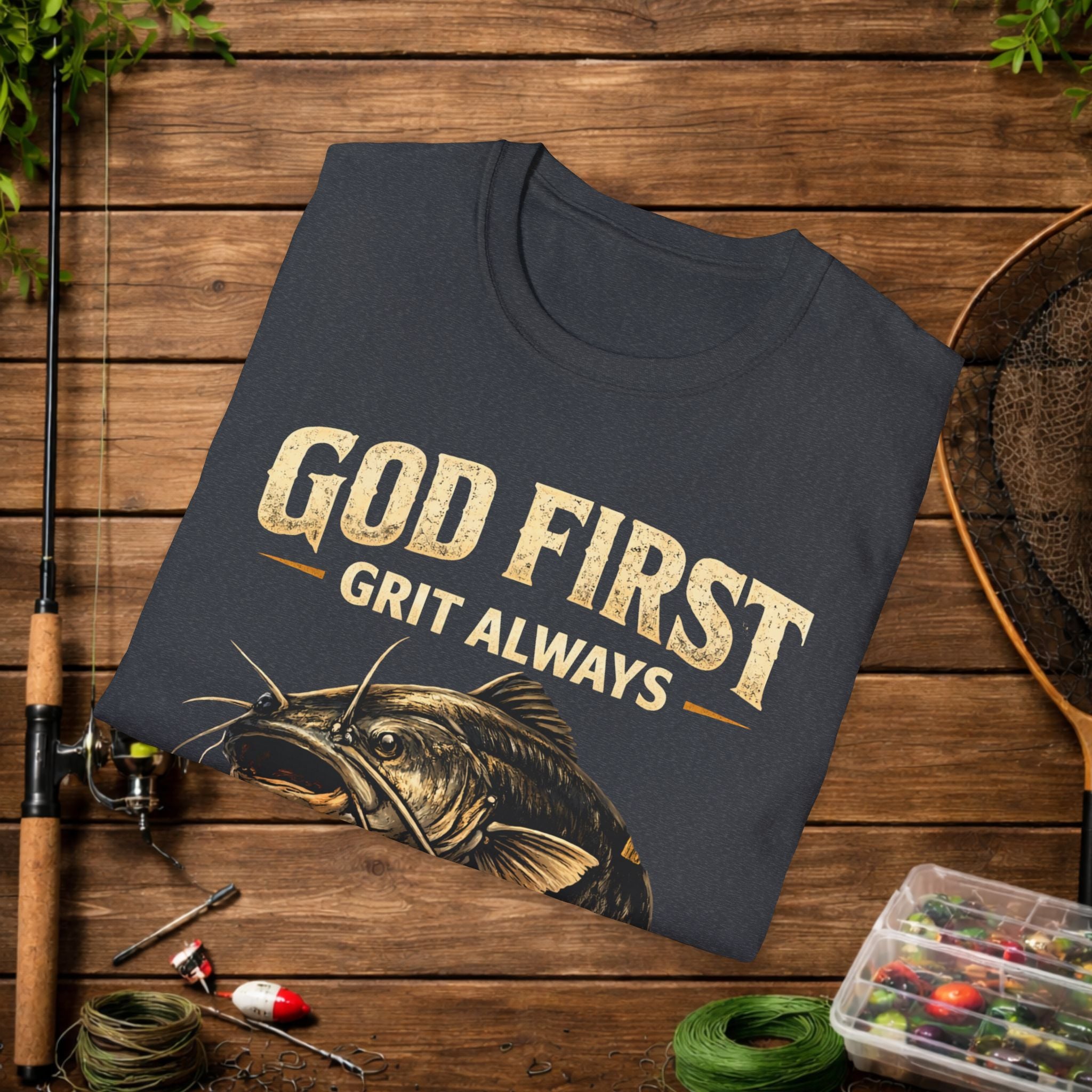 God First Grit Always Shirt – Catfish Fishing Tee – Faith Based Outdoor Shirt – Christian River Life Apparel