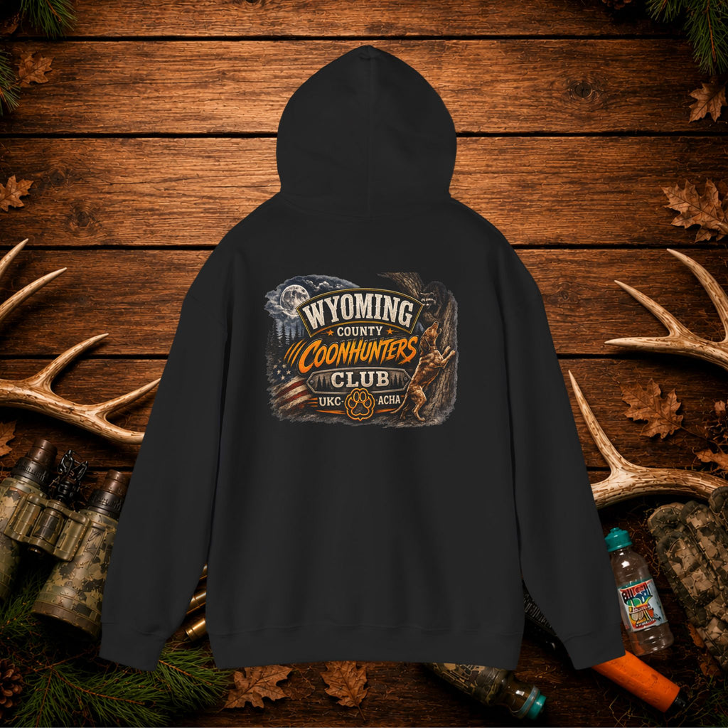 Coonhunters Club Hoodie — Wyoming County Retro Hunting Graphic