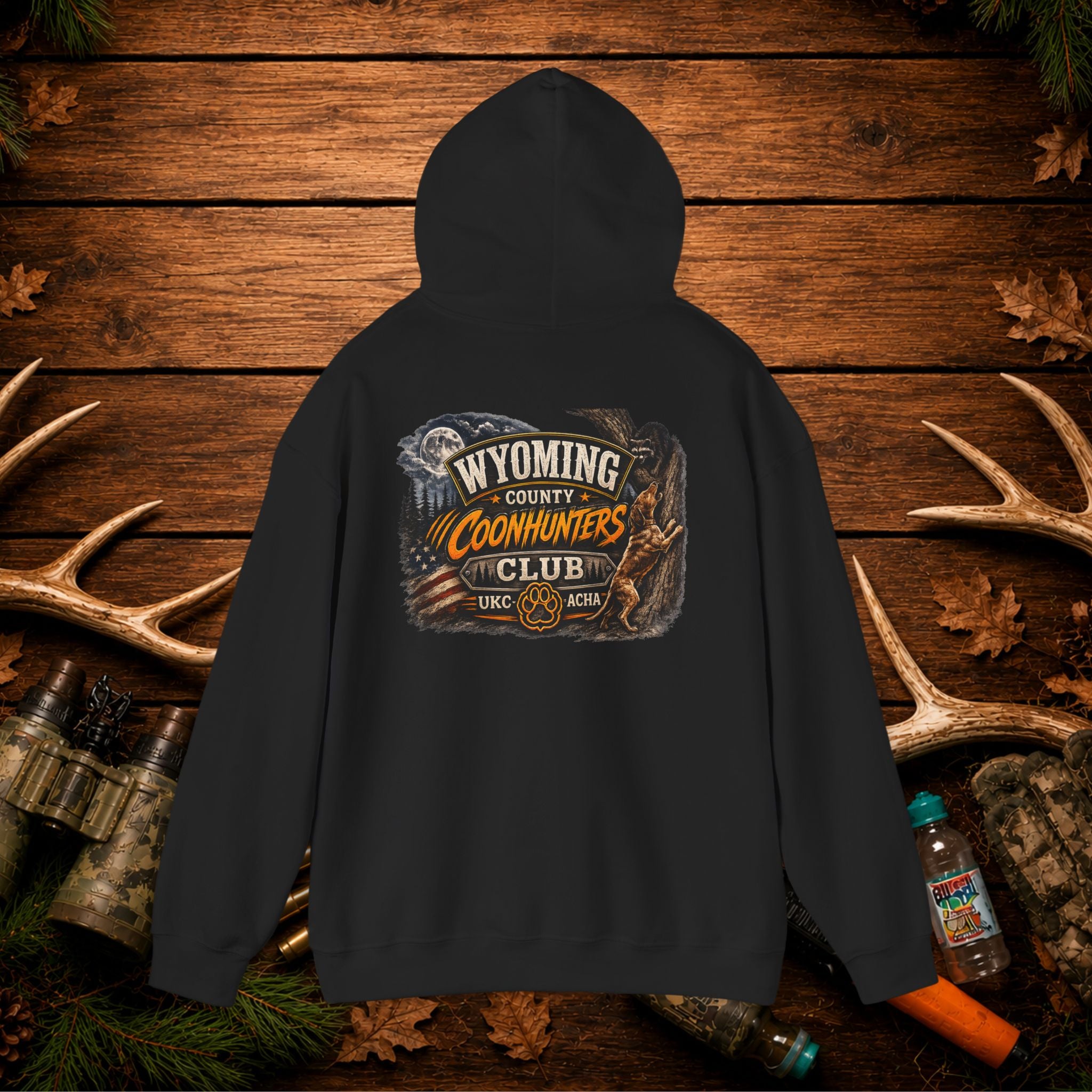 Coonhunters Club Hoodie — Wyoming County Retro Hunting Graphic