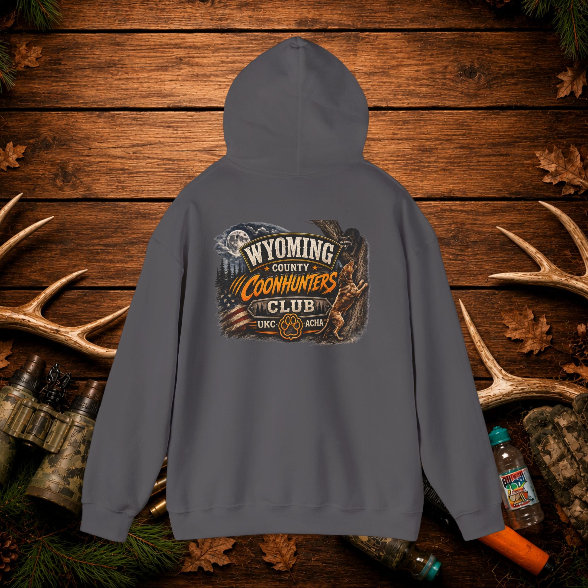Coonhunters Club Hoodie — Wyoming County Retro Hunting Graphic