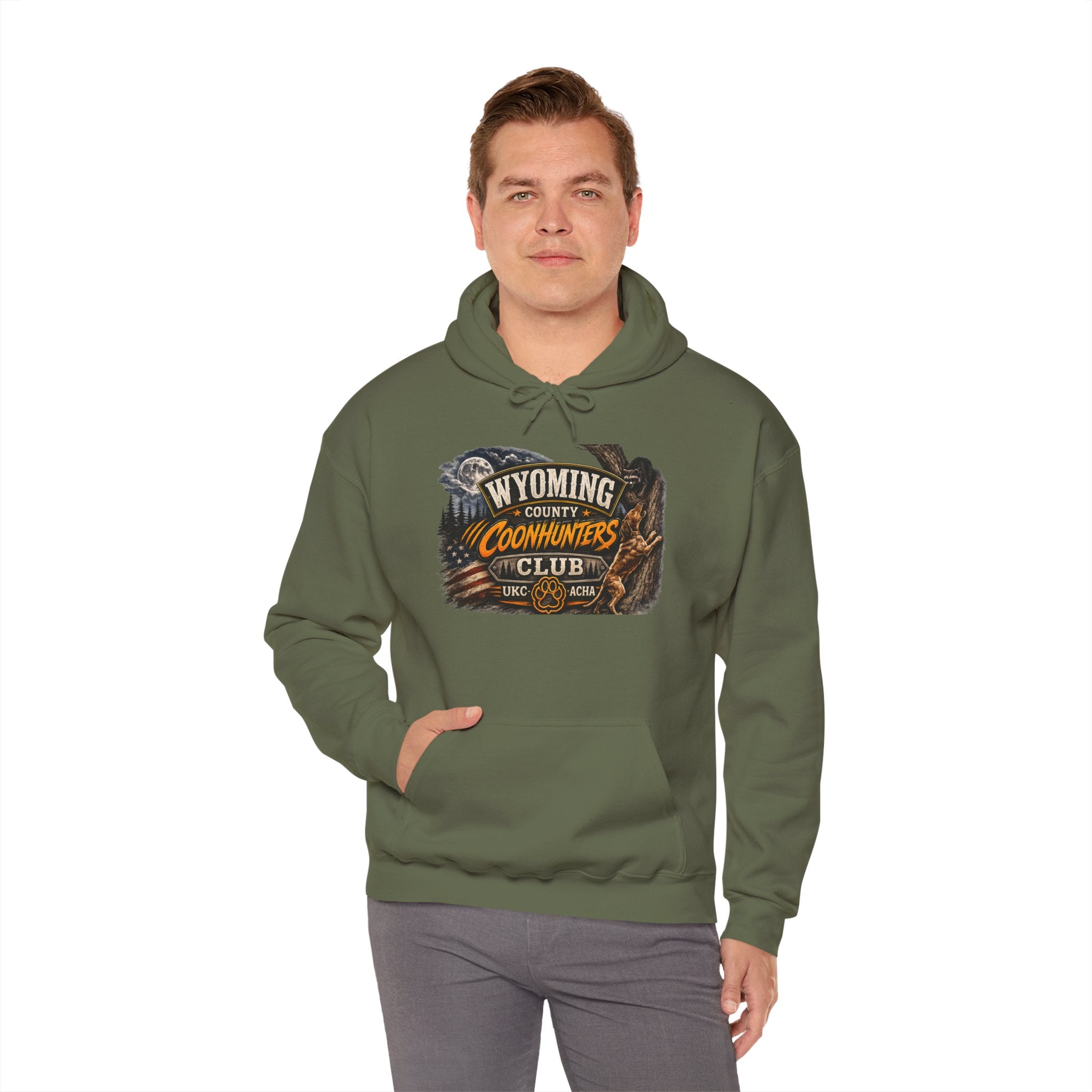 Wyoming Coonhunters Club Hoodie – Vintage Coon Hunting Graphic Dual print Banner front/Badge Back