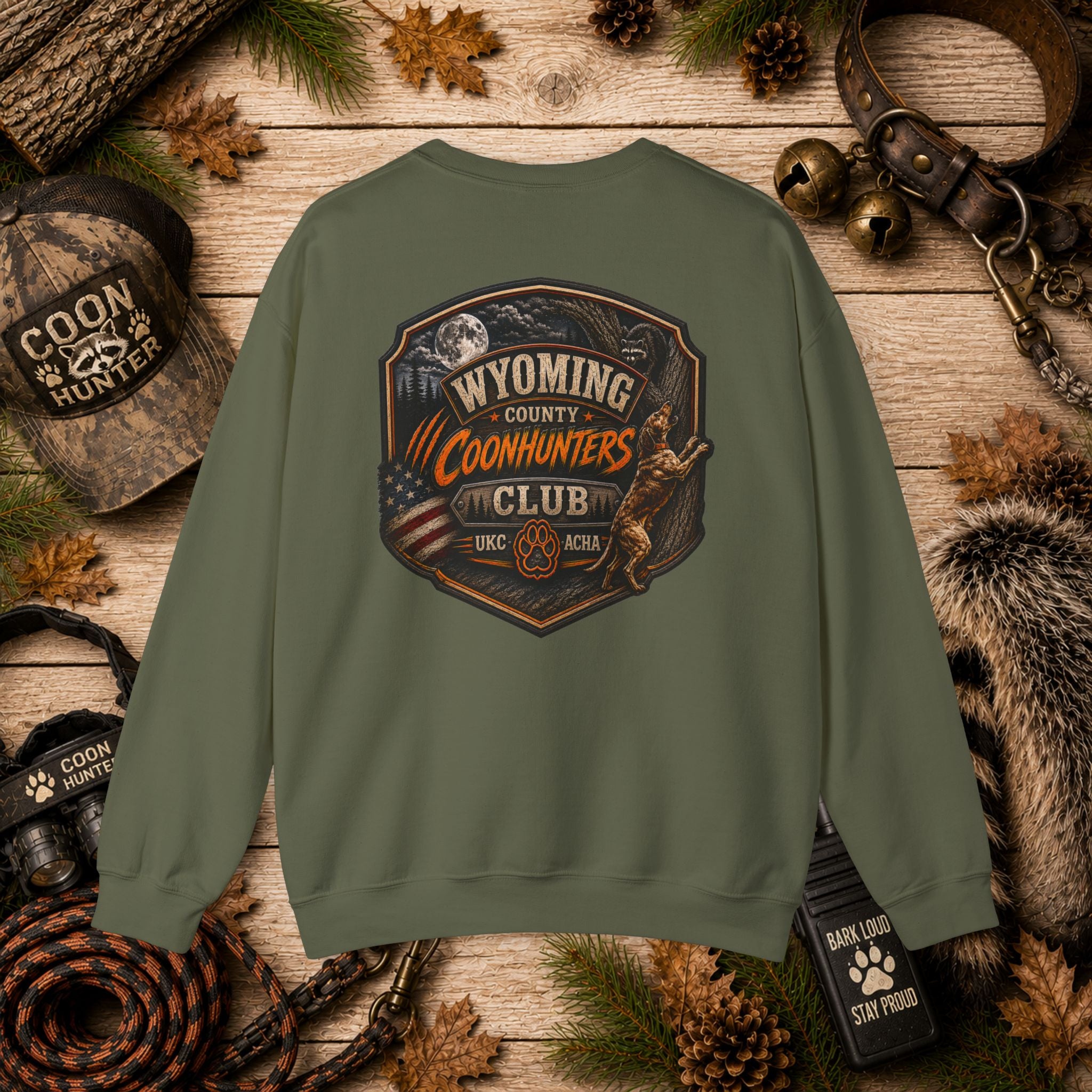 Coonhunters Club Crewneck Sweatshirt - Wyoming County Vintage Hunting Badge