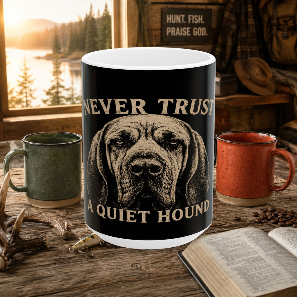 Coon Hunting Mug — "Never Trust a Quiet Hound" Hound Dog Ceramic Coffee Cup (11oz/15oz)