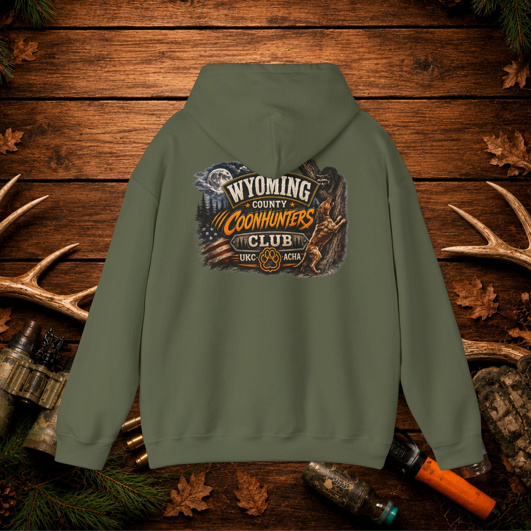 Coonhunters Club Hoodie — Wyoming County Retro Hunting Graphic
