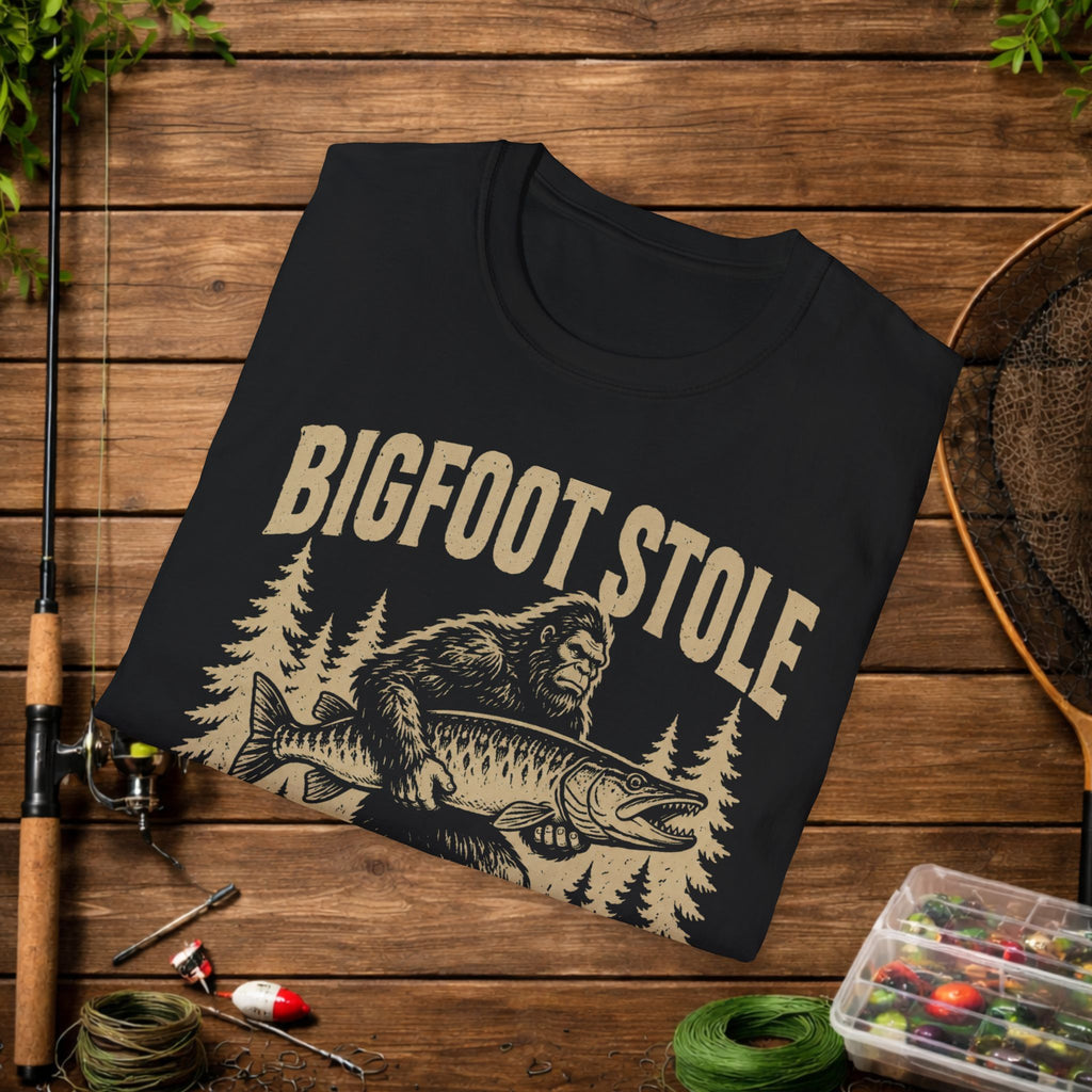 Bigfoot Stole My Musky T-Shirt — Funny Fishing Muskie Tee for Anglers