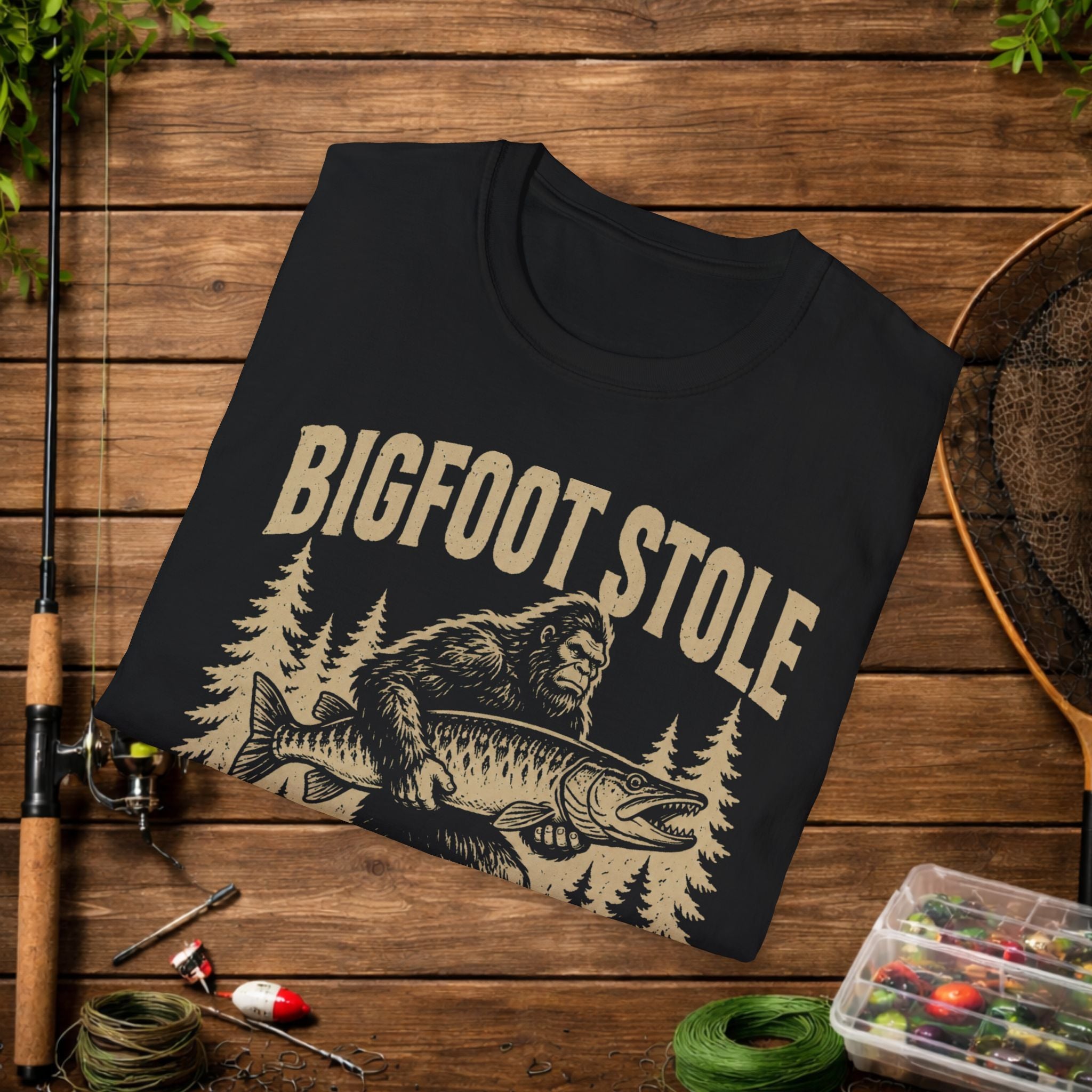 Bigfoot Stole My Musky T-Shirt — Funny Fishing Muskie Tee for Anglers