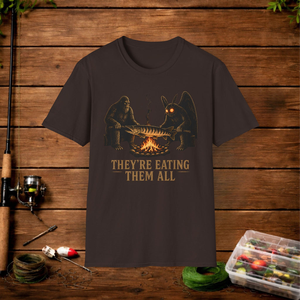 They're Eating Them All Fishing T-Shirt — Funny Campfire Monster Tee