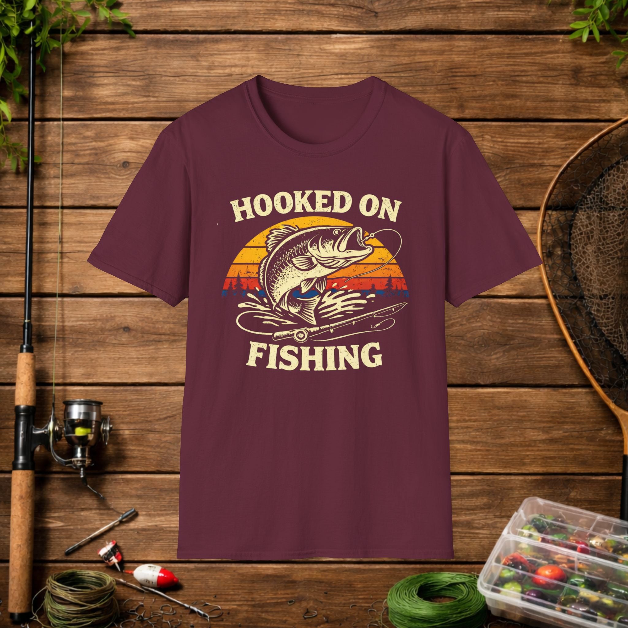 Hooked on Fishing Retro Sunset Shirt – Bass Fishing T-Shirt – Vintage Fisherman Tee – Largemouth Bass Angler Gift