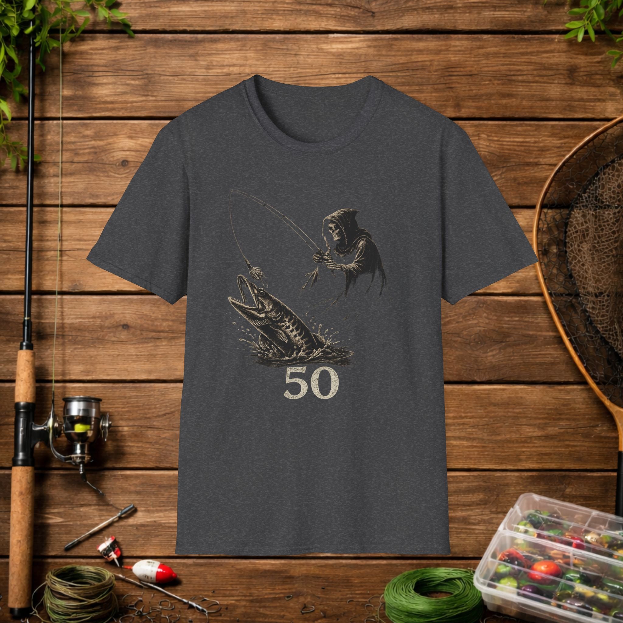 Musky Fishing T-Shirt – Grim Reaper Fishing Design “50” – Muskie Angler Shirt – Dark Fishing Tee – Gift for Fishermen
