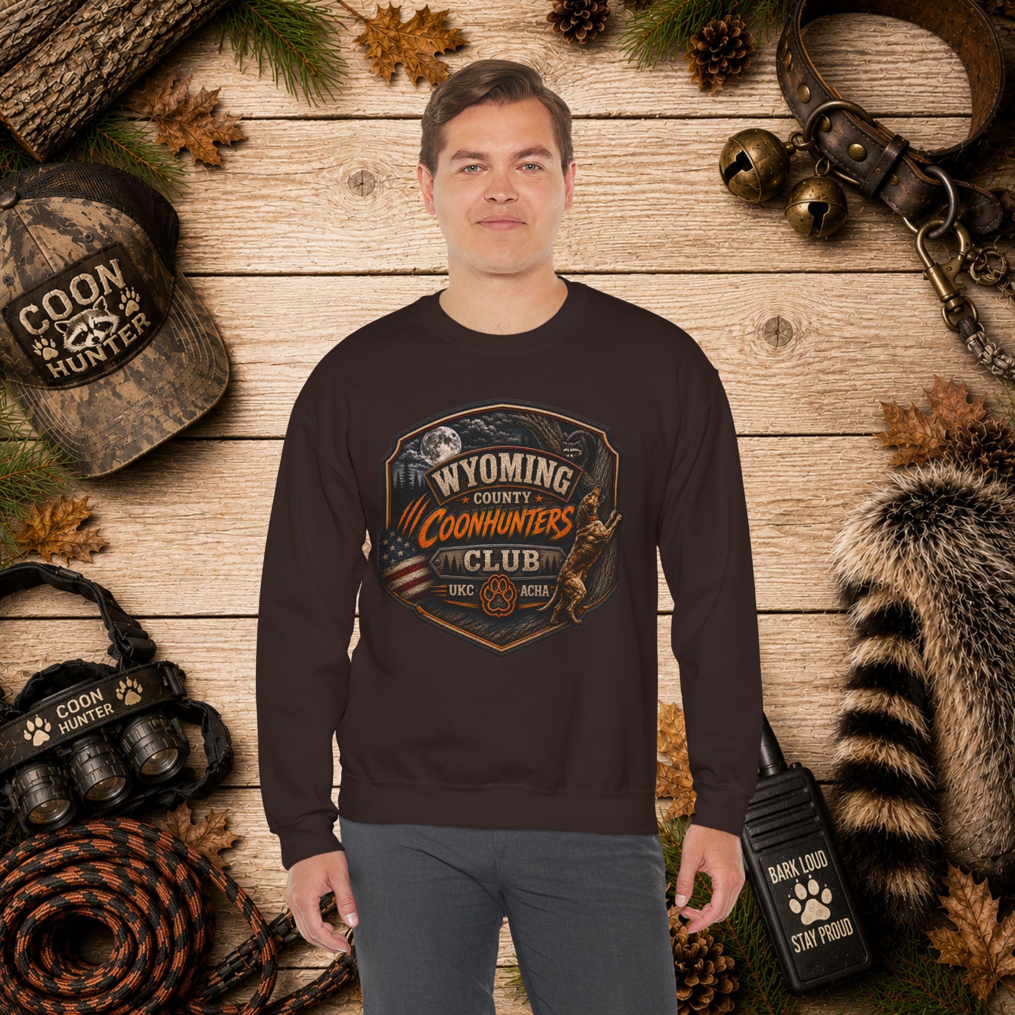 Wyoming Coonhunters Club Crewneck Sweatshirt Dual Print Badge front/Banner back