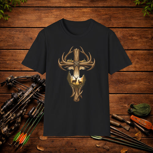 Christian Deer Hunting Shirt – Cross with Antlers Whitetail Tee – Faith Hunting Apparel – Rustic Outdoor Shirt