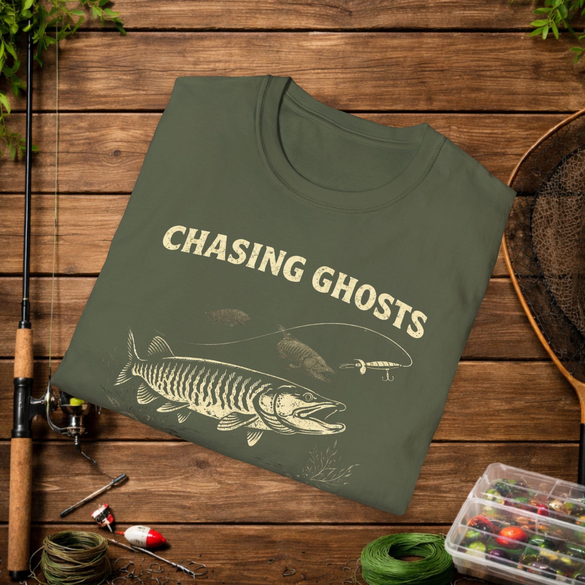 Chasing Ghosts Musky Shirt – Muskellunge Fishing Tee – Musky Angler Apparel – Vintage Fishing Shirt