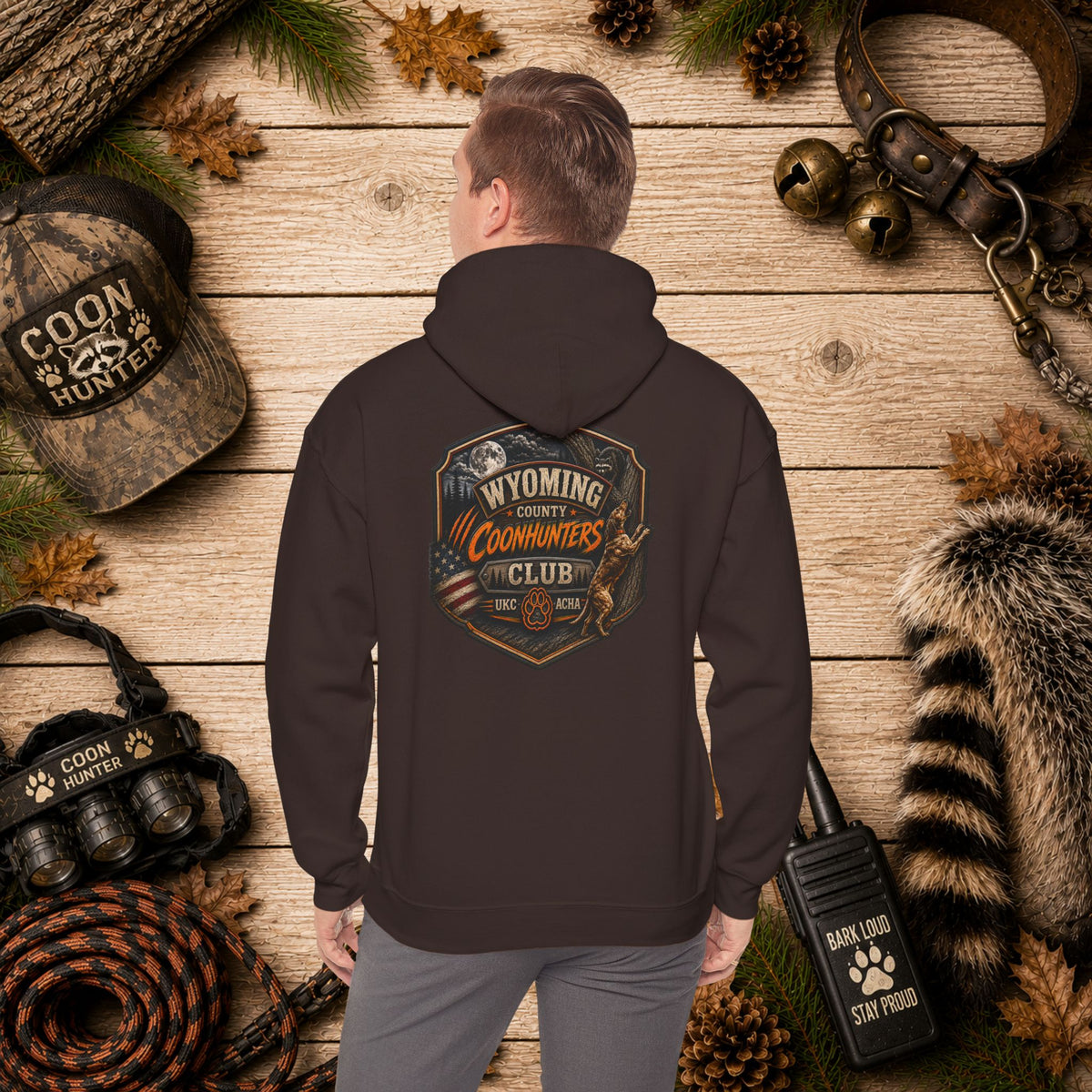 Wyoming Coonhunters Club Hoodie – Vintage Coon Hunting Graphic Dual print Banner front/Badge Back