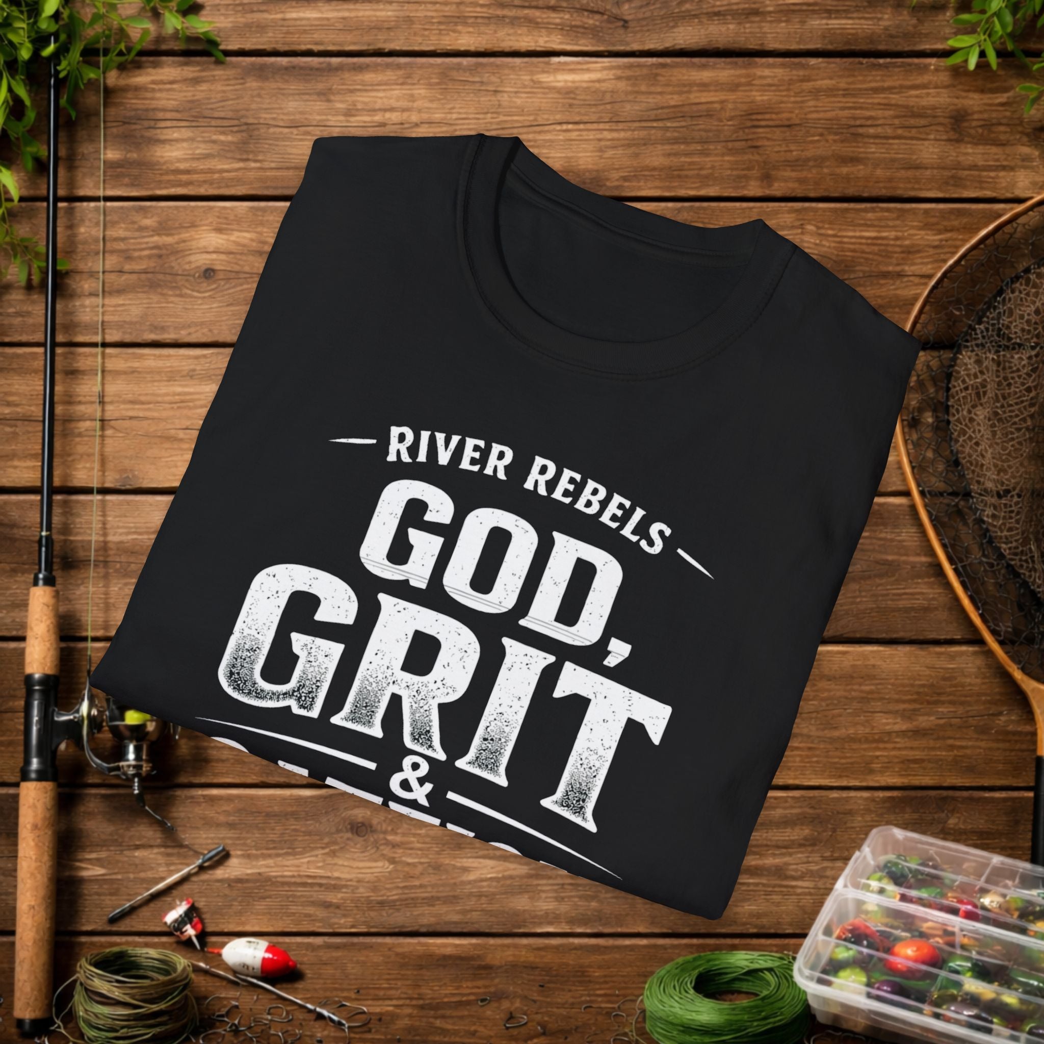 God Grit & Catfish Shirt – River Rebels Faith Fishing Tee – Christian Outdoor Shirt – Built Different Country Apparel