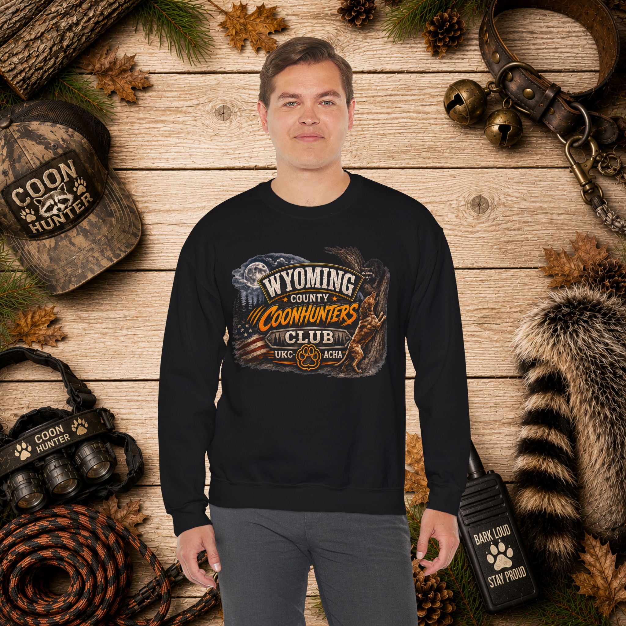 Wyoming County Coonhunters Club Sweatshirt Daul print Banner front/Badge back