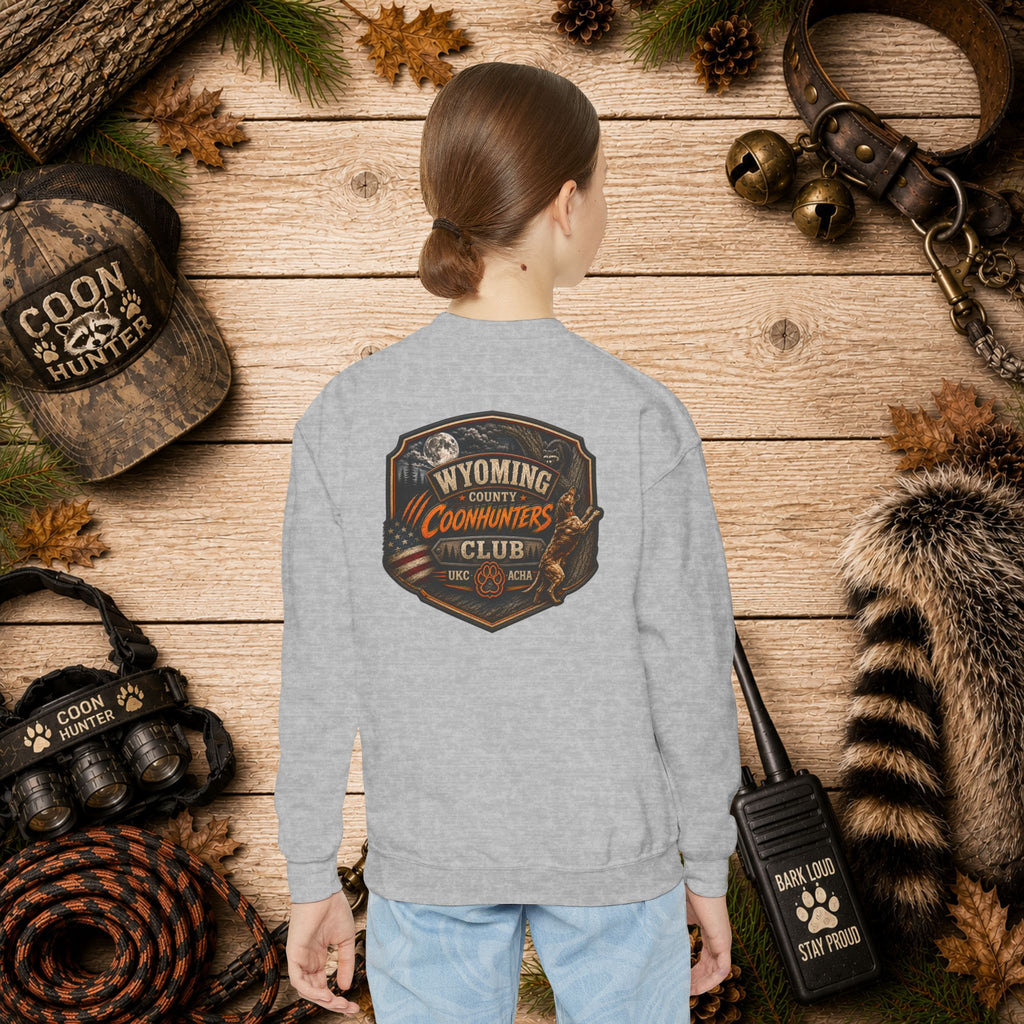 Wyoming Coonhunters Club Youth Crewneck Sweatshirt — Dual Print Banner front/Badge back