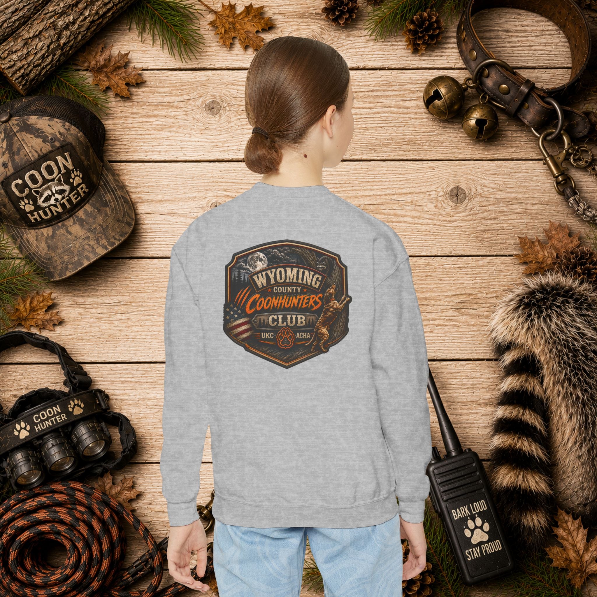 Wyoming Coonhunters Club Youth Crewneck Sweatshirt — Dual Print Banner front/Badge back