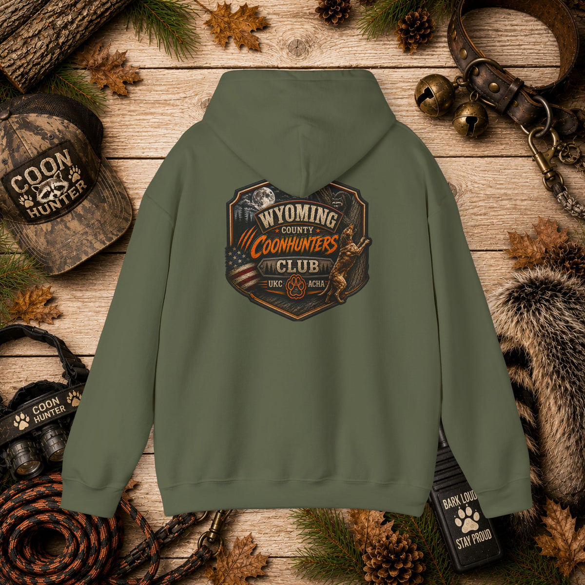 Wyoming County Coonhunters Club Hoodie – Rustic Hunting Badge Sweatshirt