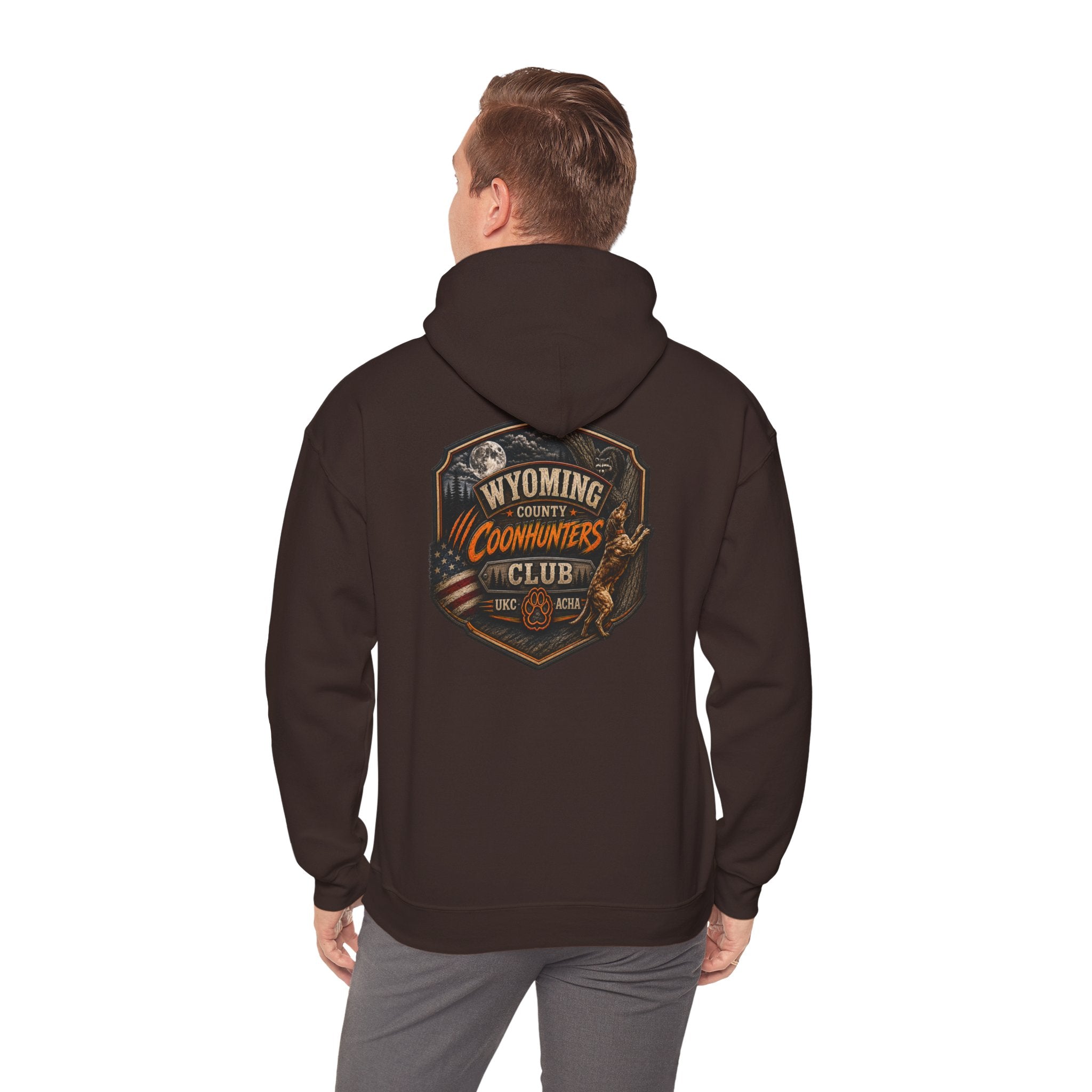 Wyoming Coonhunters Club Hoodie – Vintage Coon Hunting Graphic Dual print Banner front/Badge Back