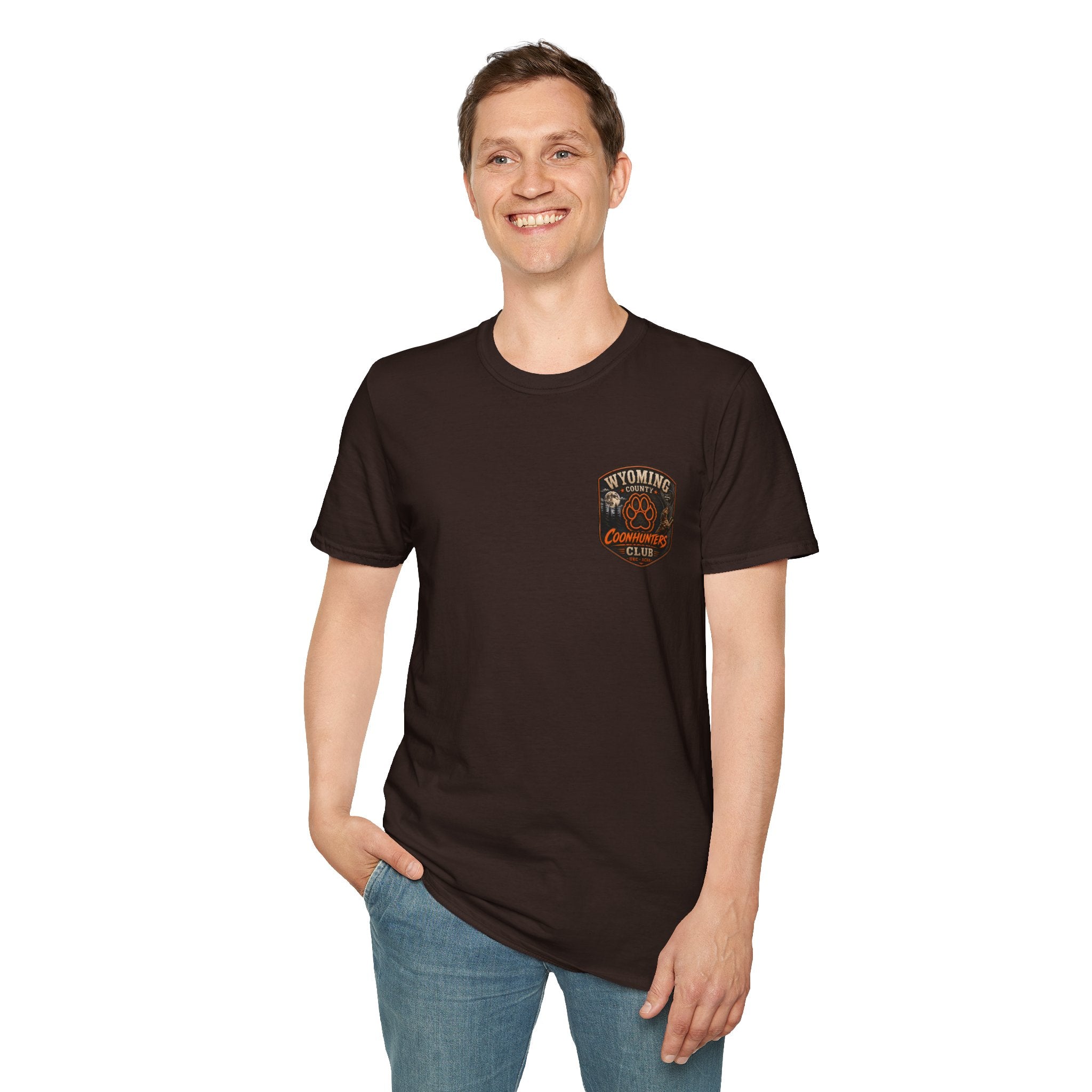 Wyoming Coonhunters Club T‑Shirt — front Badge with banner backTee