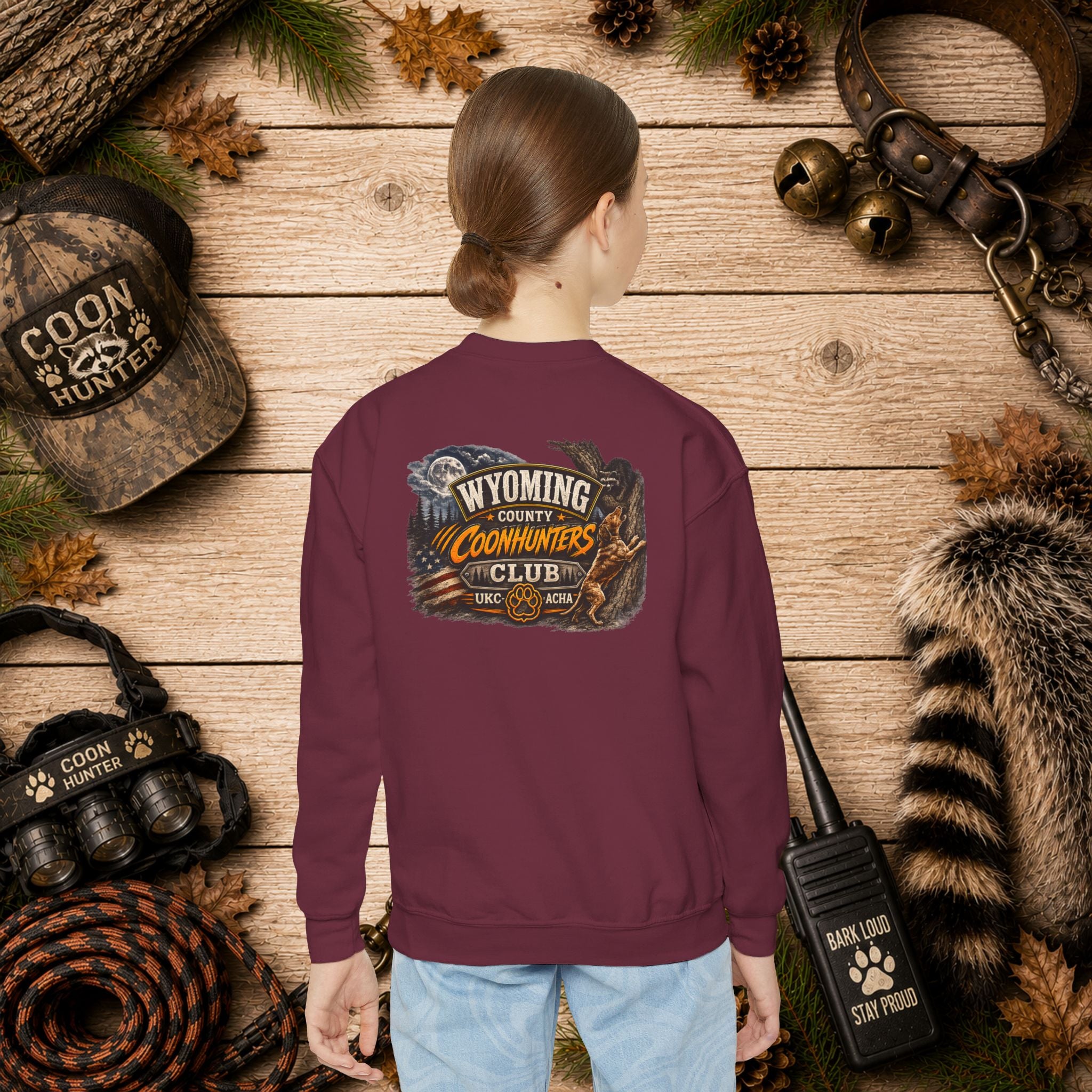 Youth Crewneck Sweatshirt — Wyoming Coonhunters Club Vintage Hunting Graphic Dual print Badge front/Banner back
