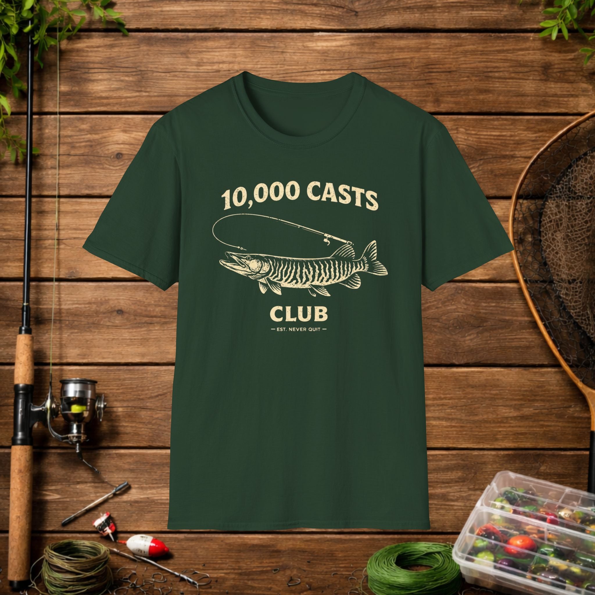 Musky Fishing Shirt – 10,000 Casts Club – Muskellunge Angler Tee – Vintage Musky Design – Hardcore Fishing Apparel