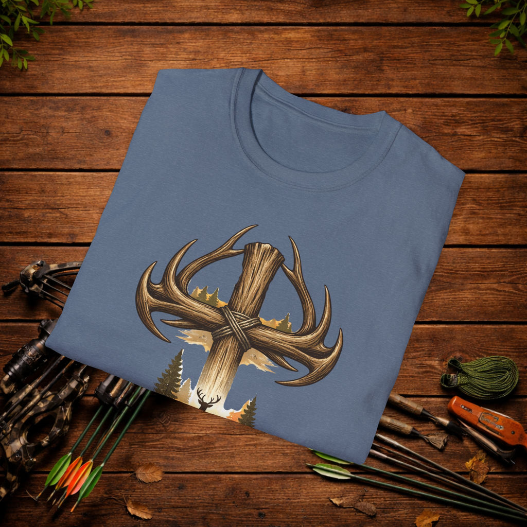 Christian Deer Hunting Shirt – Cross with Antlers Whitetail Tee – Faith Hunting Apparel – Rustic Outdoor Shirt