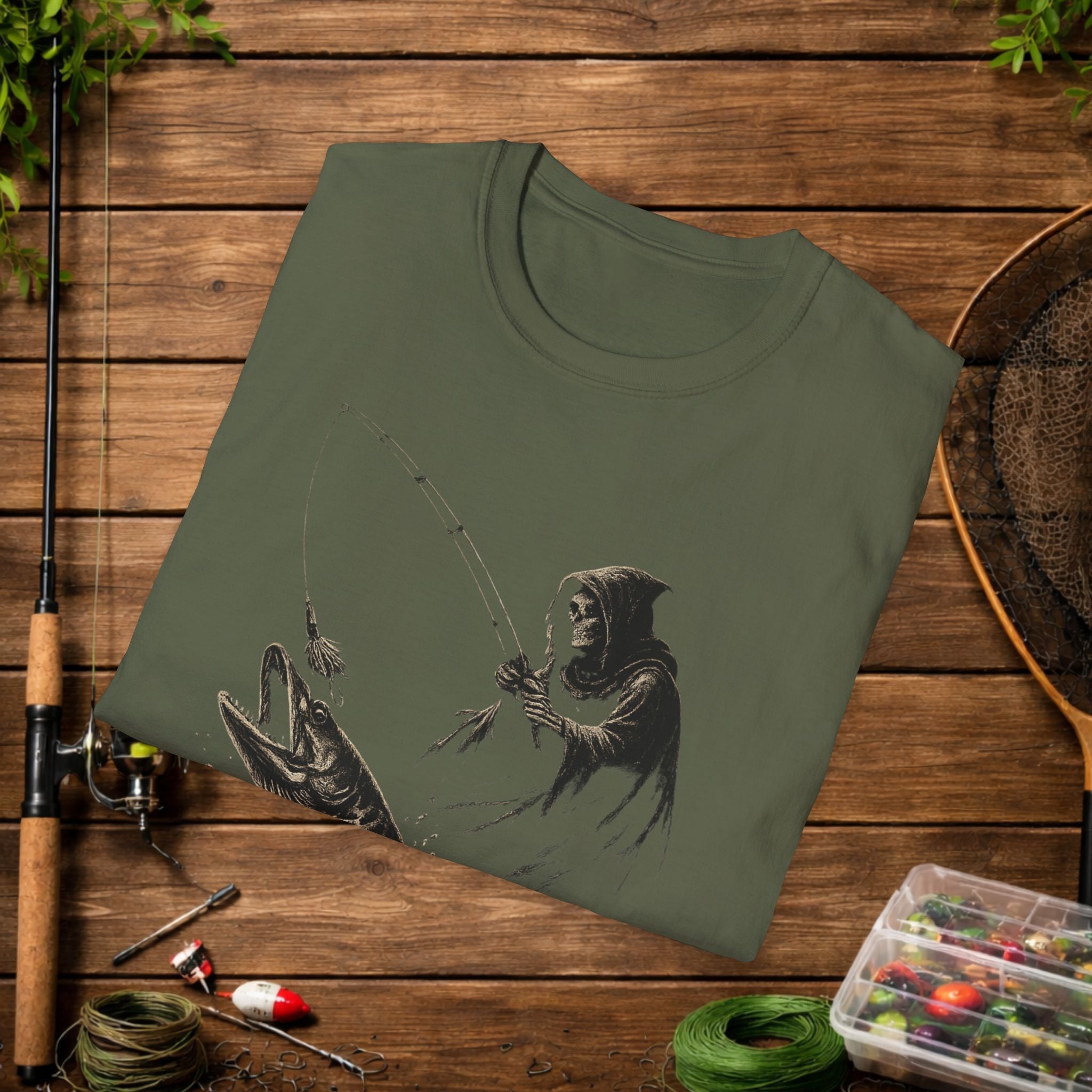Musky Fishing T-Shirt – Grim Reaper Fishing Design “50” – Muskie Angler Shirt – Dark Fishing Tee – Gift for Fishermen