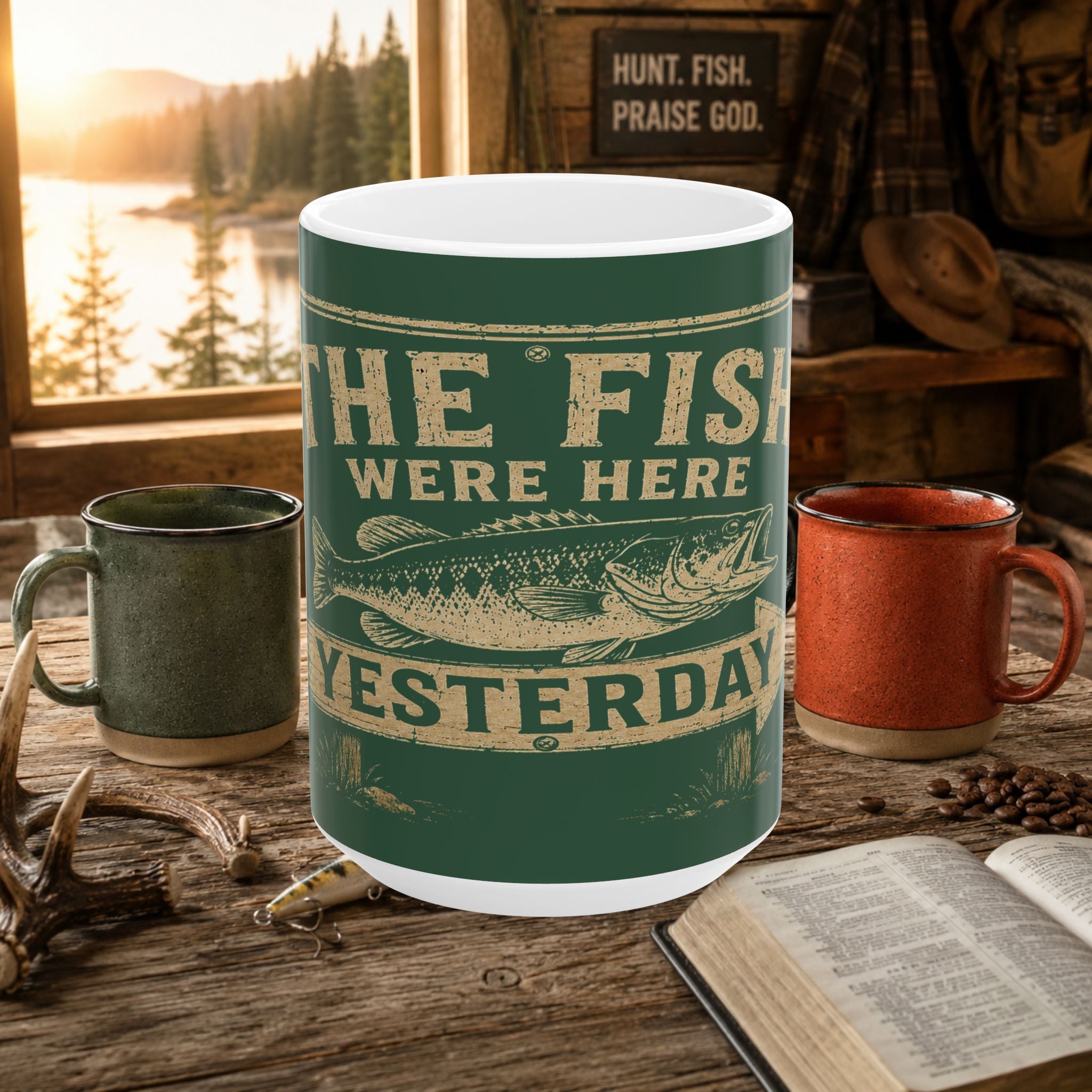 Fishing Mug - “The Fish Were Here Yesterday” Vintage Green Ceramic Coffee Cup (11oz/15oz)