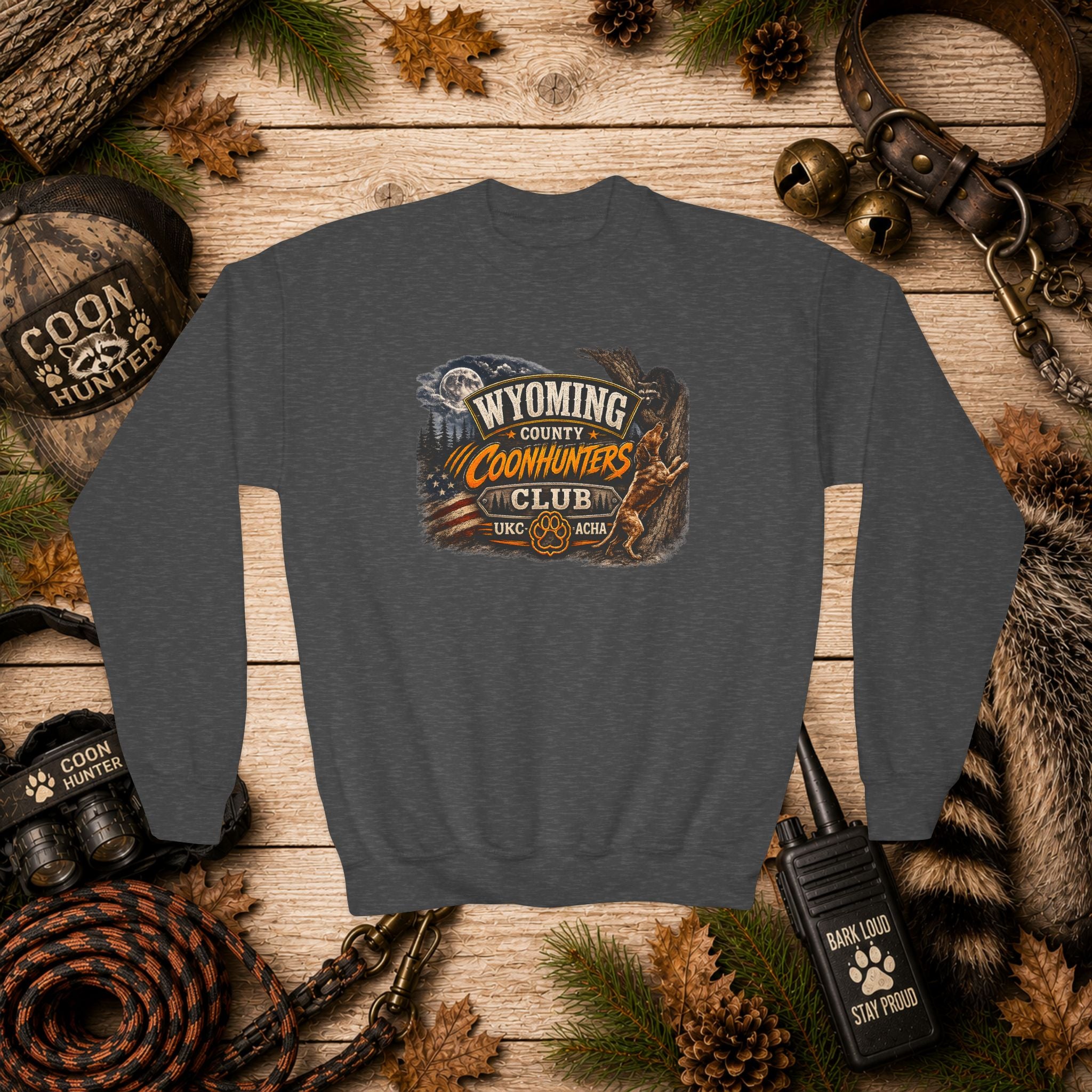Wyoming Coonhunters Club Youth Crewneck Sweatshirt — Dual Print Banner front/Badge back
