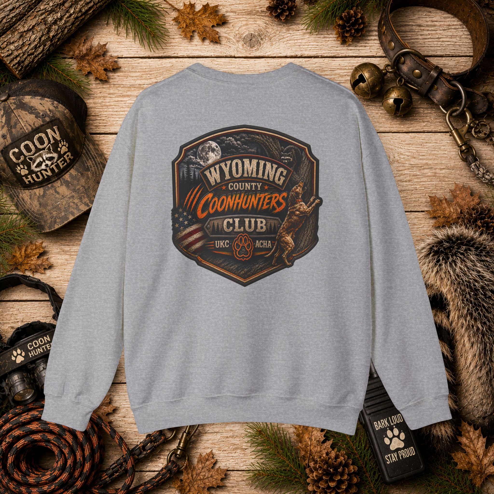 Wyoming County Coonhunters Club Sweatshirt Daul print Banner front/Badge back
