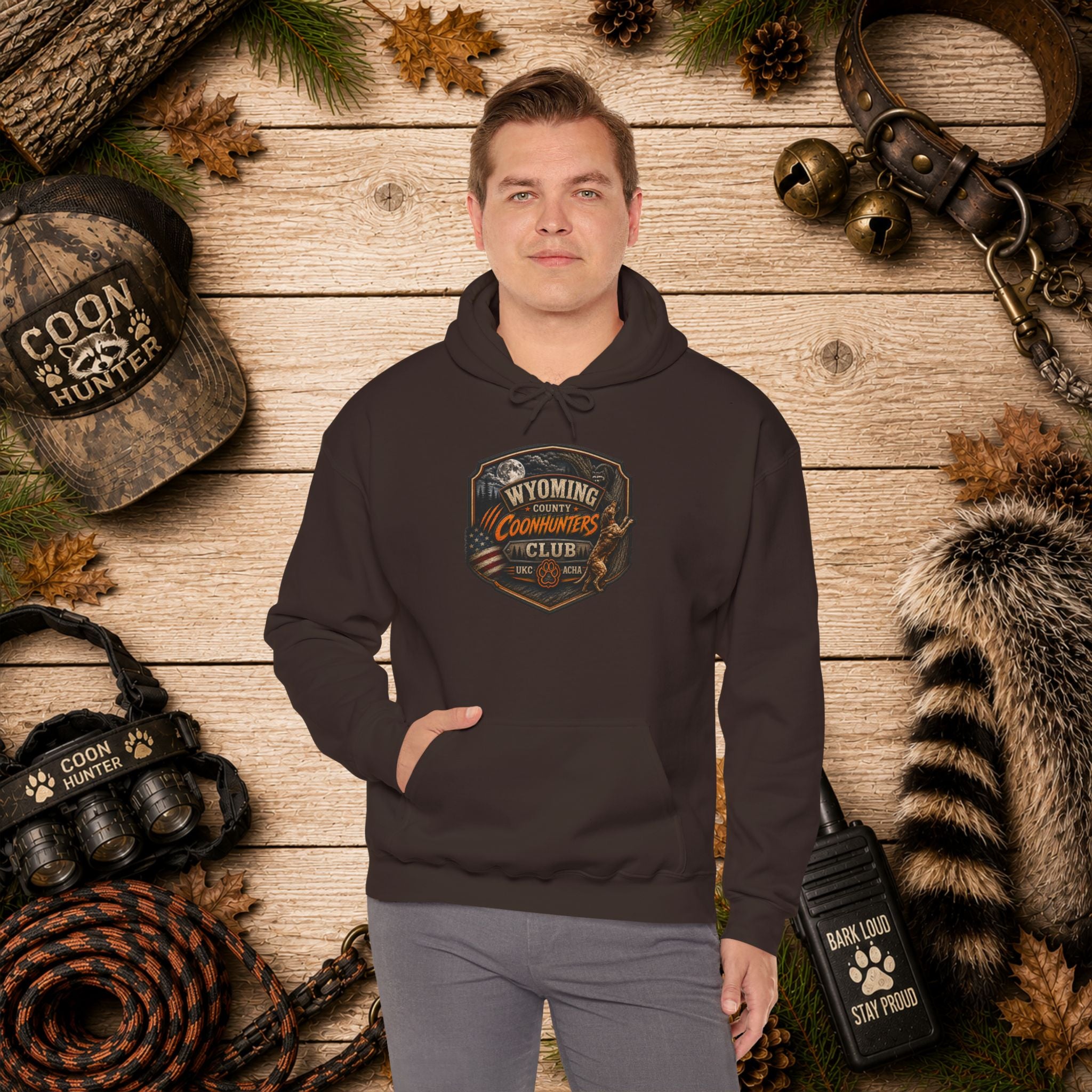 Wyoming Coonhunters Club Hoodie – Dual print badge front/banner back