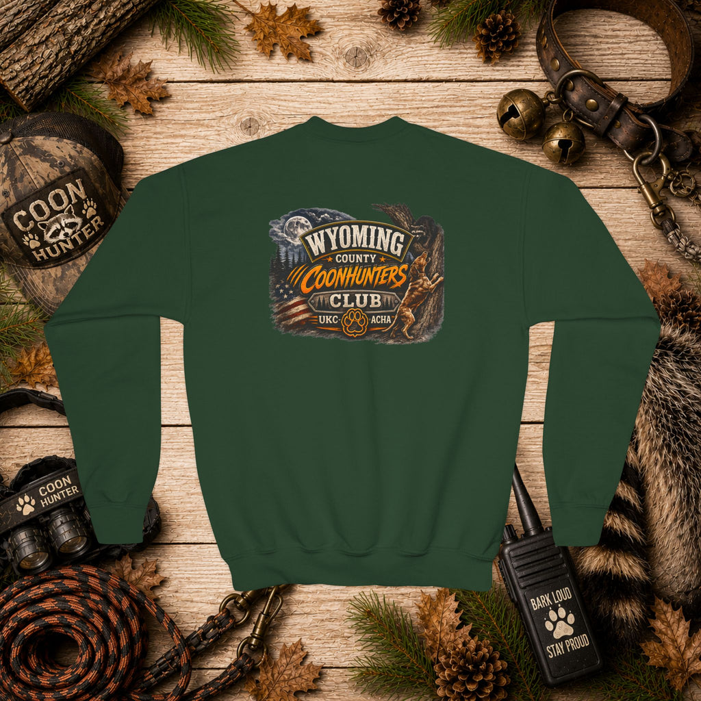Youth Crewneck Sweatshirt — Wyoming Coonhunters Club Vintage Hunting Graphic Dual print Badge front/Banner back
