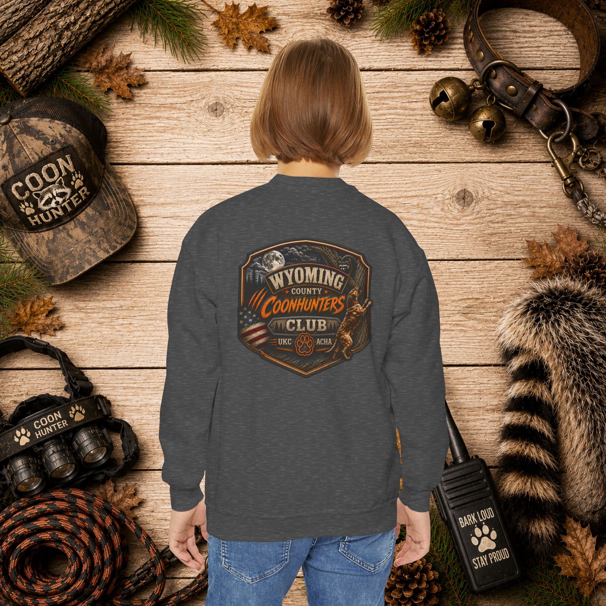 Youth Crewneck Sweatshirt — Wyoming County Coonhunters Club Graphic