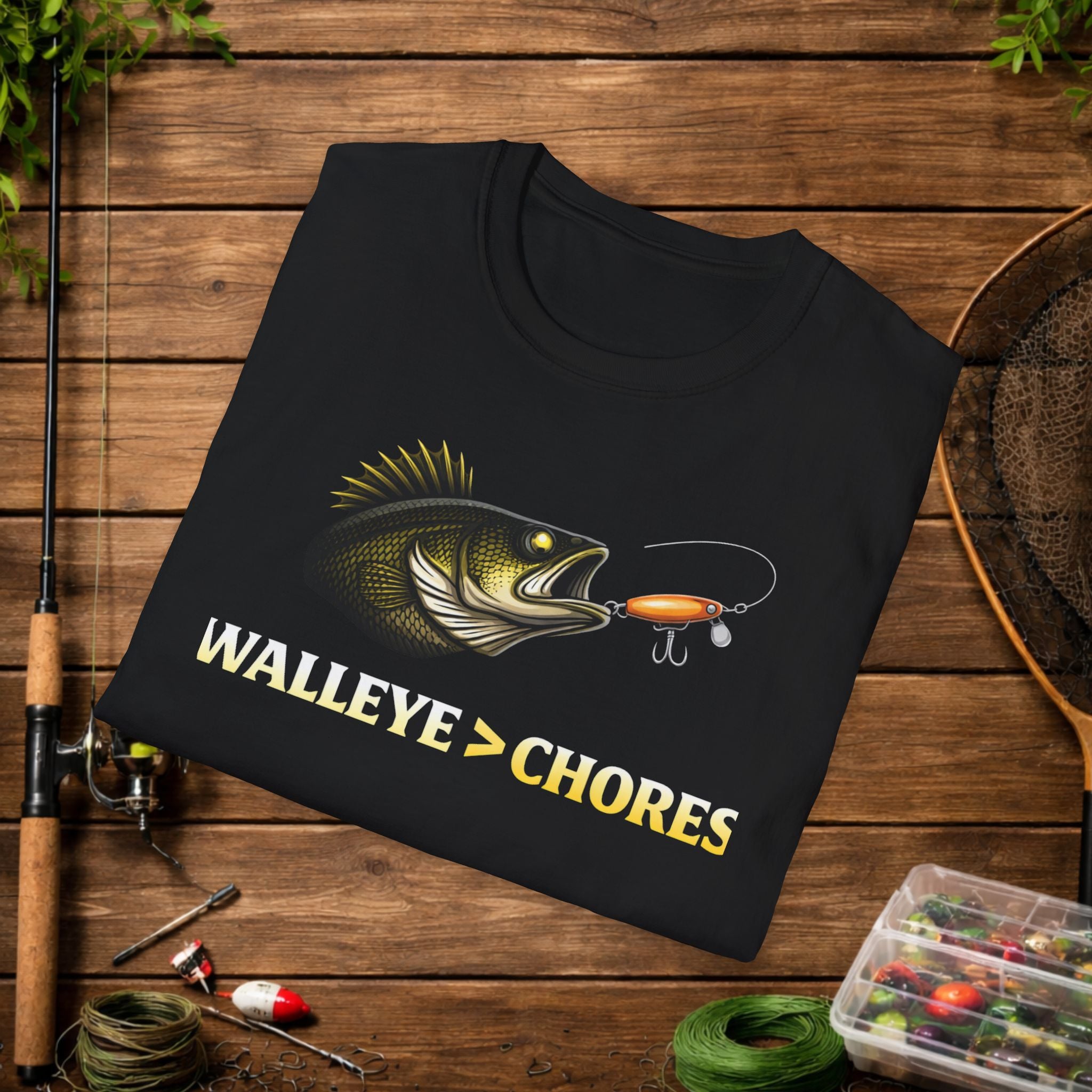 Walleye Over Chores Fishing Shirt – Funny Walleye Angler Tee – Walleye > Chores Shirt – Fisherman Gift