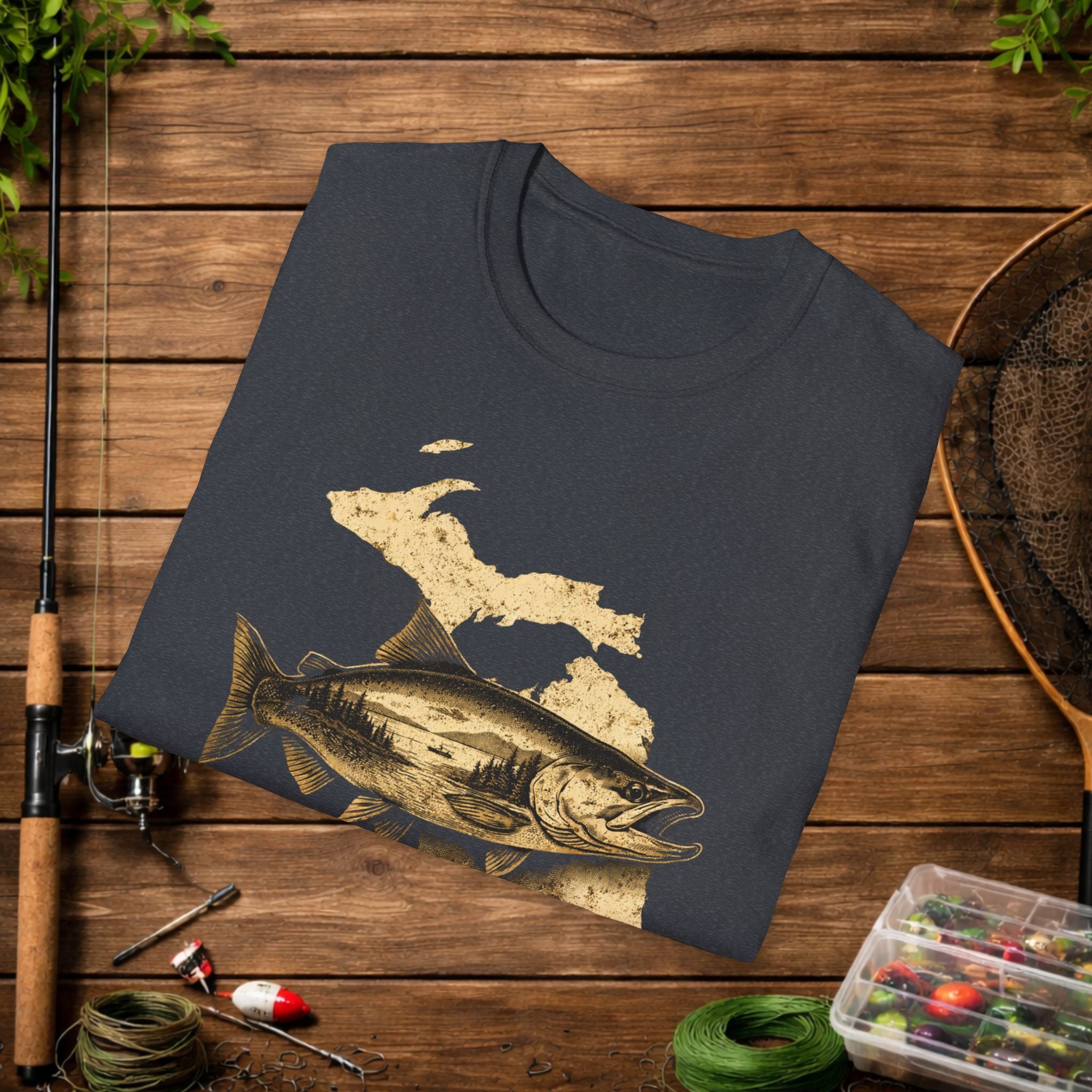 Michigan Salmon Fishing Shirt – Vintage Michigan Angler Tee – Great Lakes Salmon Fishing Apparel – Fisherman Gift