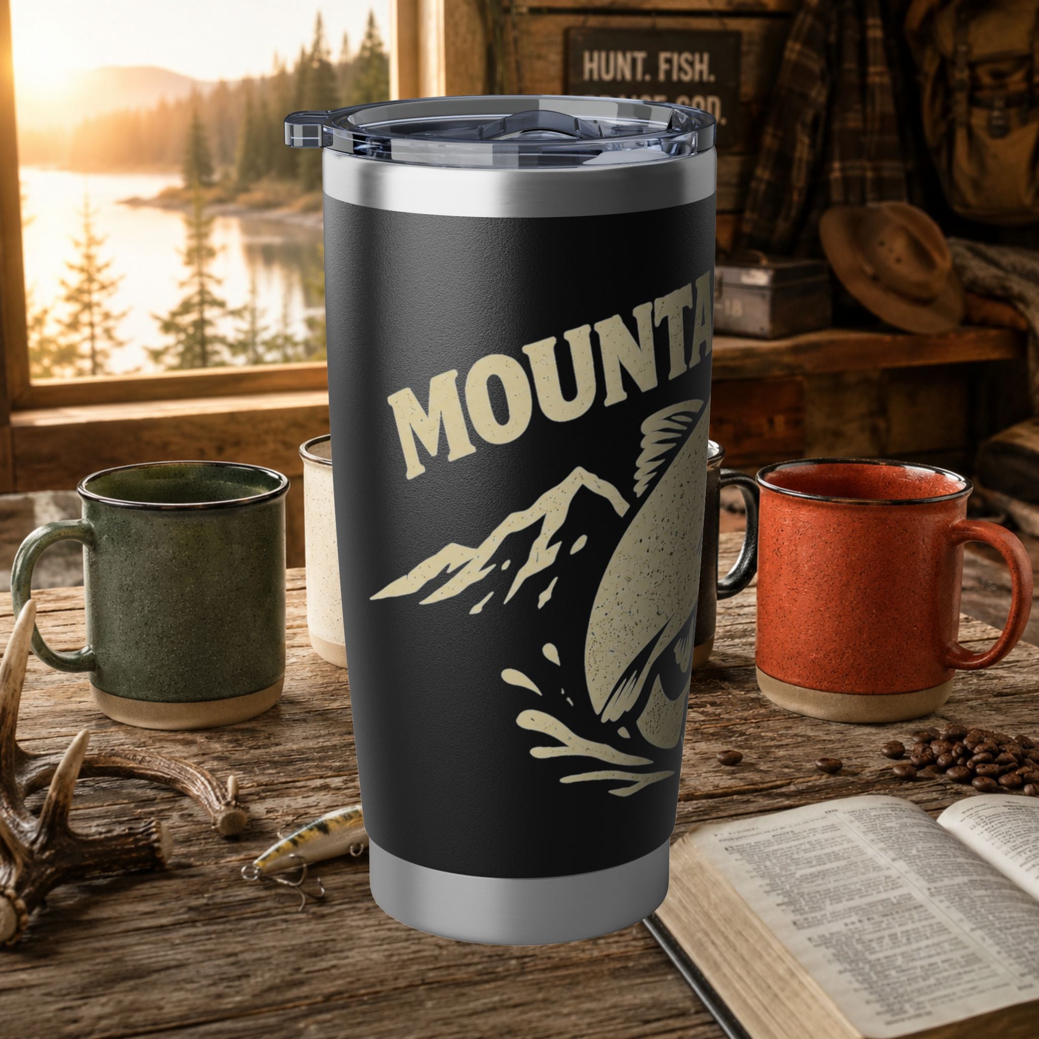 Mountain Water Fishing 20oz Insulated Tumbler – Vintage Angler Travel Mug | Gift for Fishermen