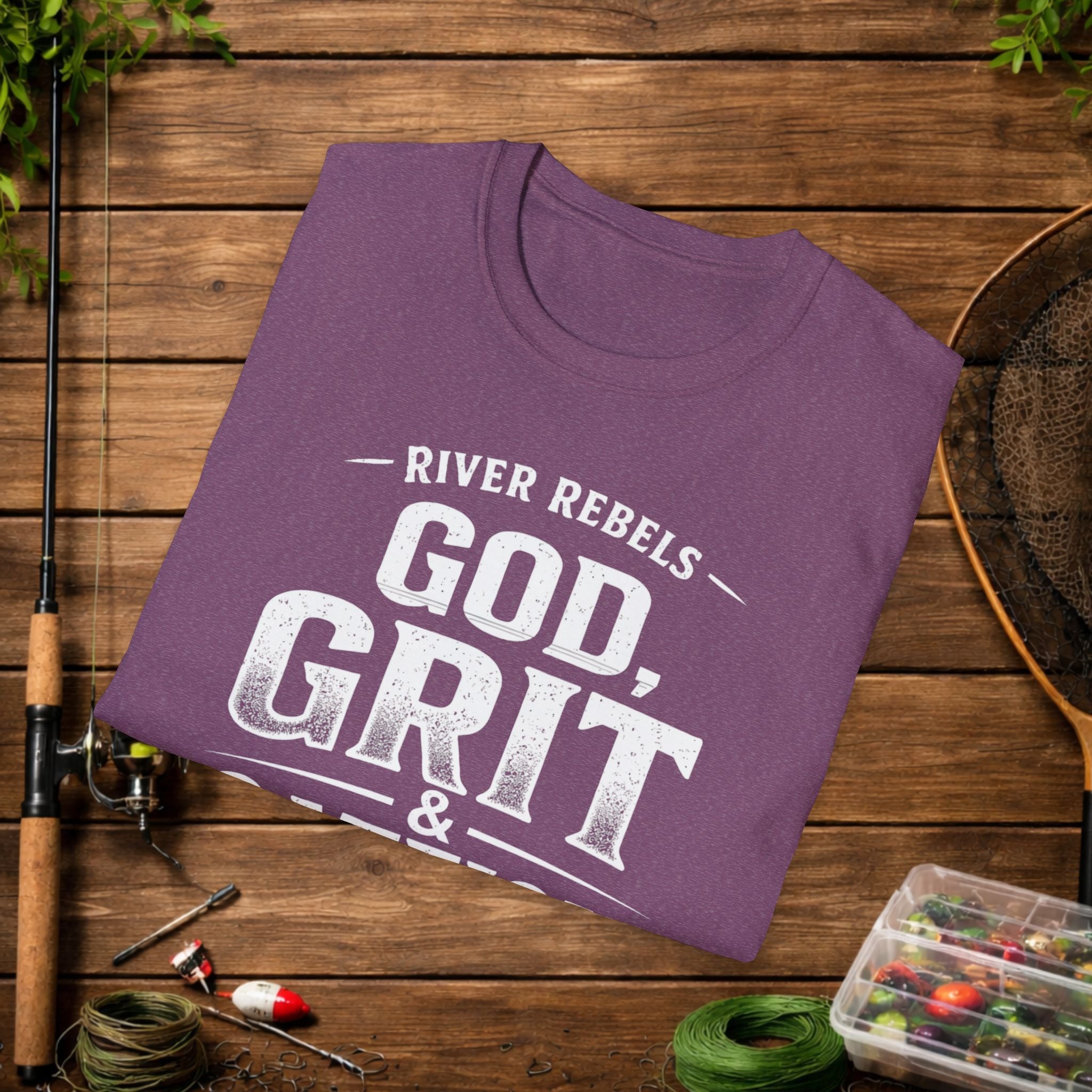 God Grit & Catfish Shirt – River Rebels Faith Fishing Tee – Christian Outdoor Shirt – Built Different Country Apparel
