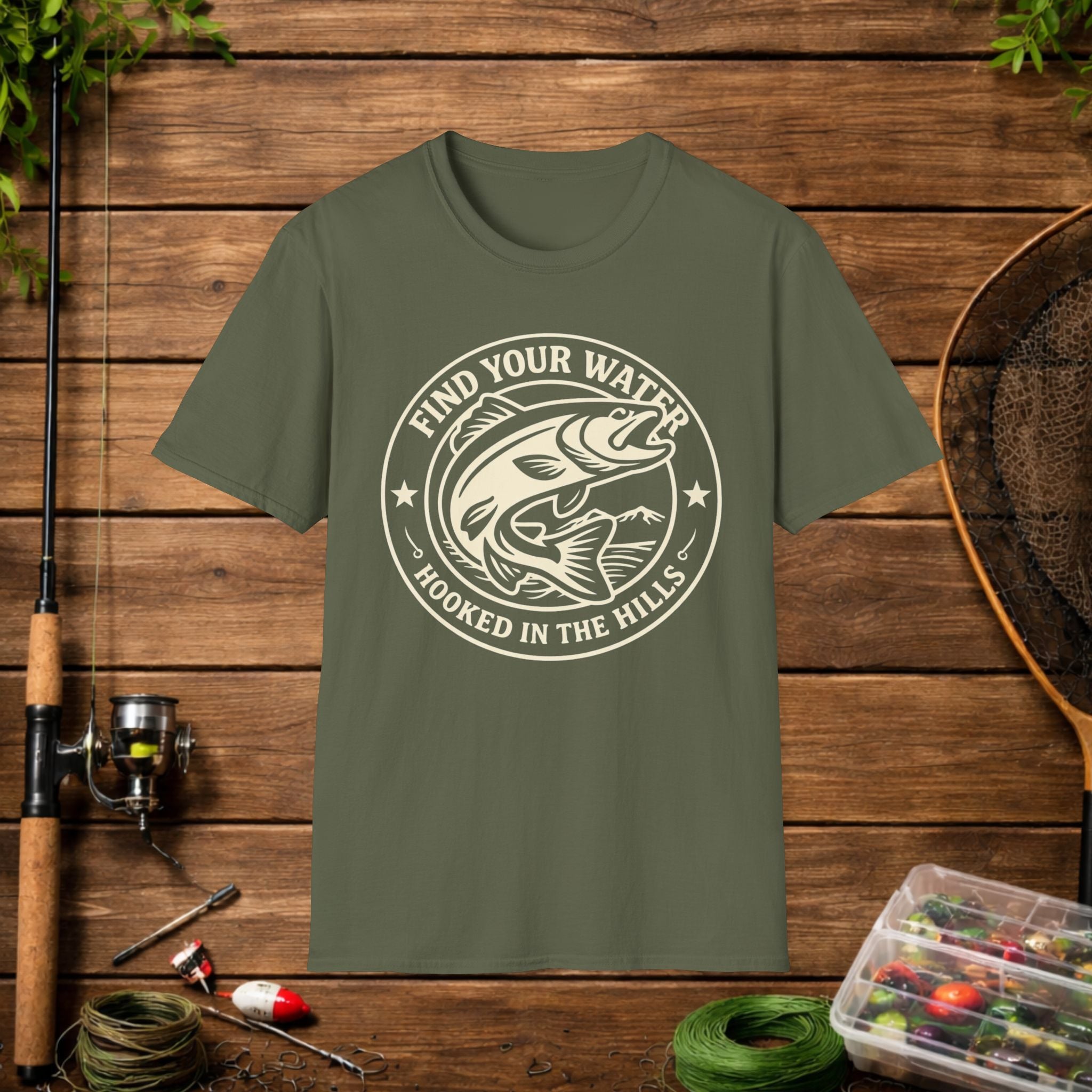 Find Your Water Fishing Shirt – Hooked in the Hills Bass Graphic Tee – Trout & Bass Angler Gift