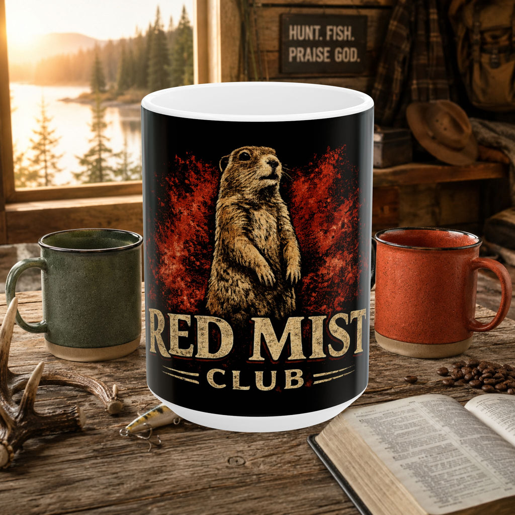 Red Mist Club Mug — Prairie Dog Graphic Ceramic Coffee Cup (11oz, 15oz)