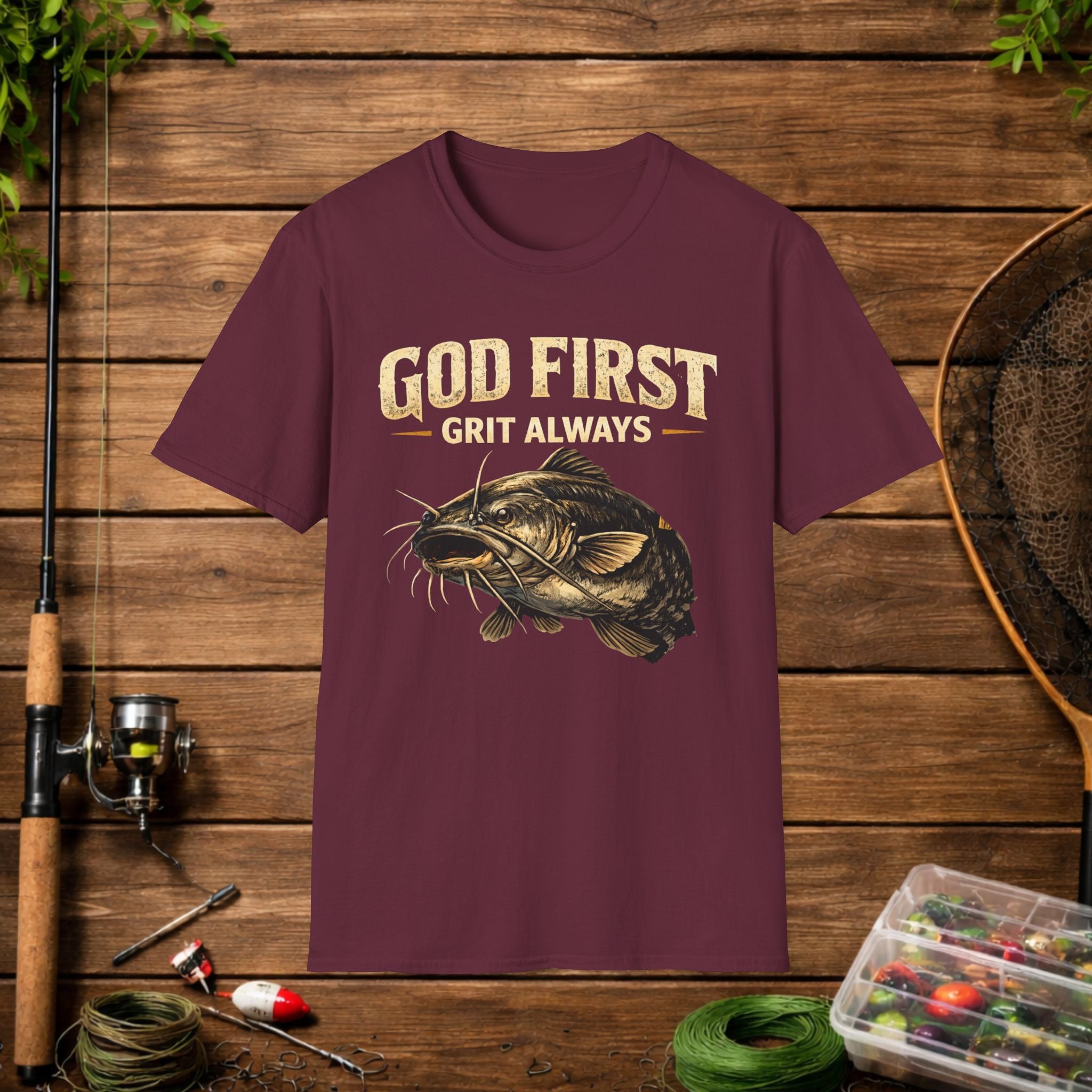 God First Grit Always Shirt – Catfish Fishing Tee – Faith Based Outdoor Shirt – Christian River Life Apparel