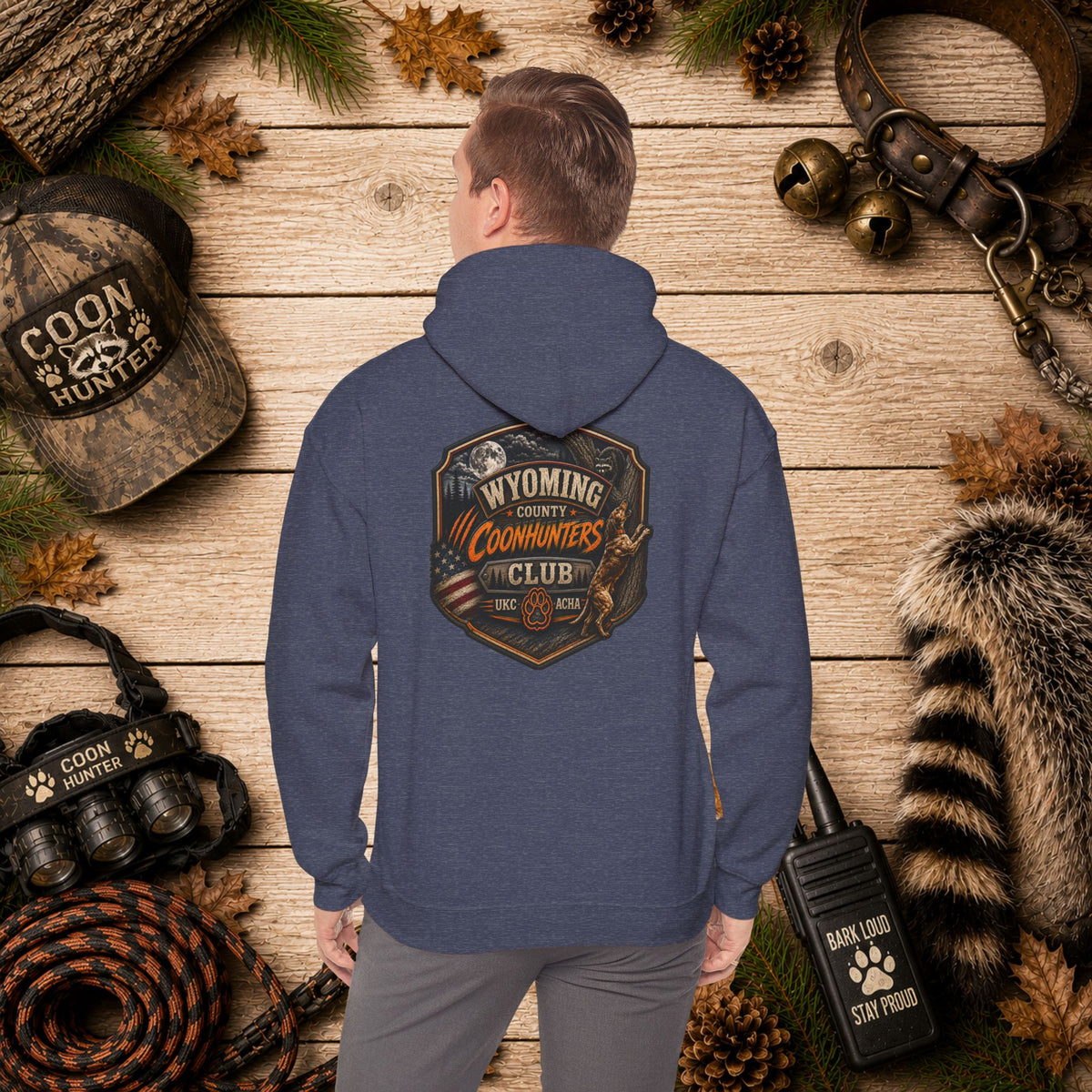 Wyoming Coonhunters Club Hoodie – Vintage Coon Hunting Graphic Dual print Banner front/Badge Back