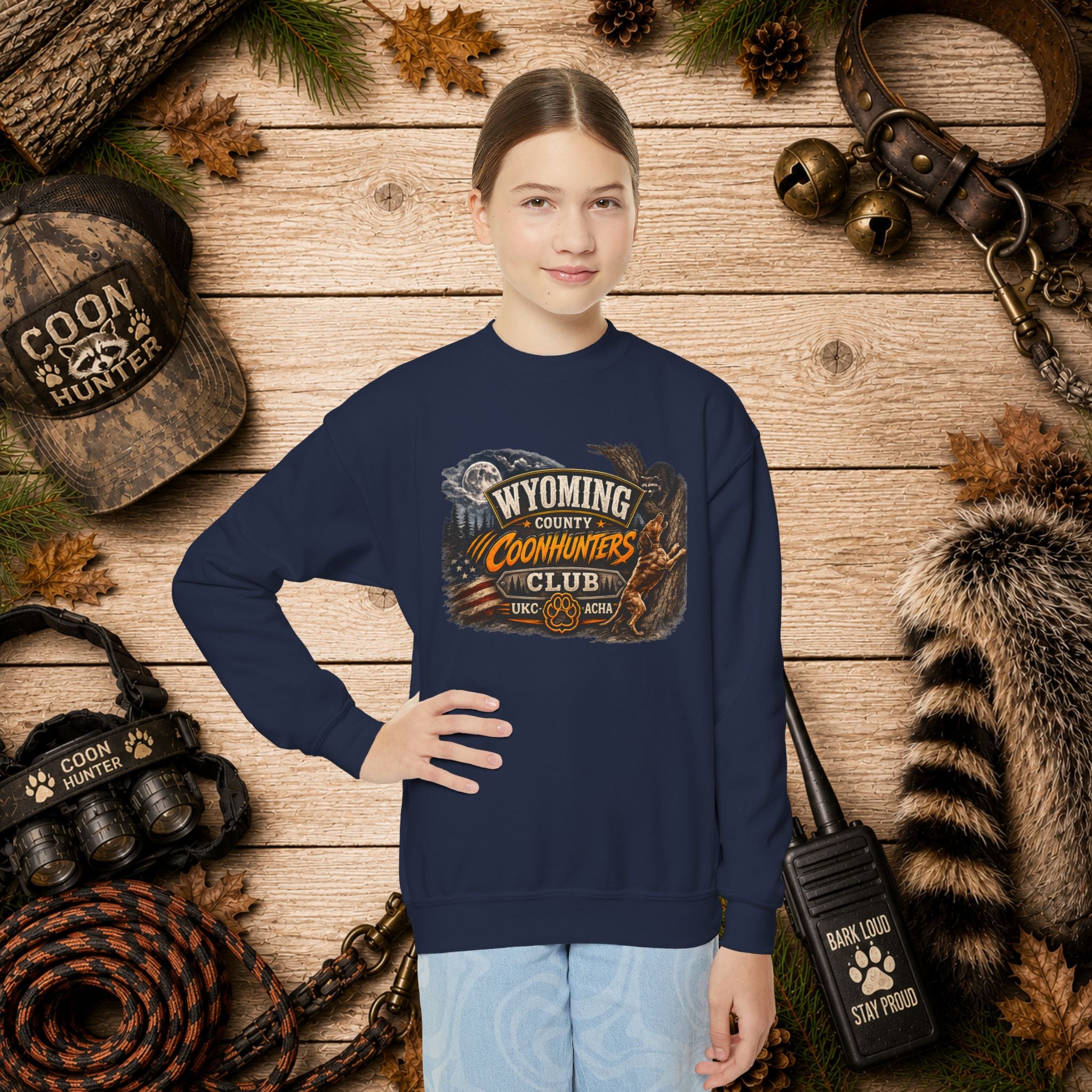 Wyoming Coonhunters Club Youth Crewneck Sweatshirt — Dual Print Banner front/Badge back
