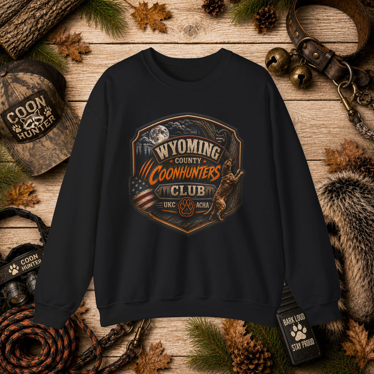 Wyoming Coonhunters Club Crewneck Sweatshirt Dual Print Badge front/Banner back