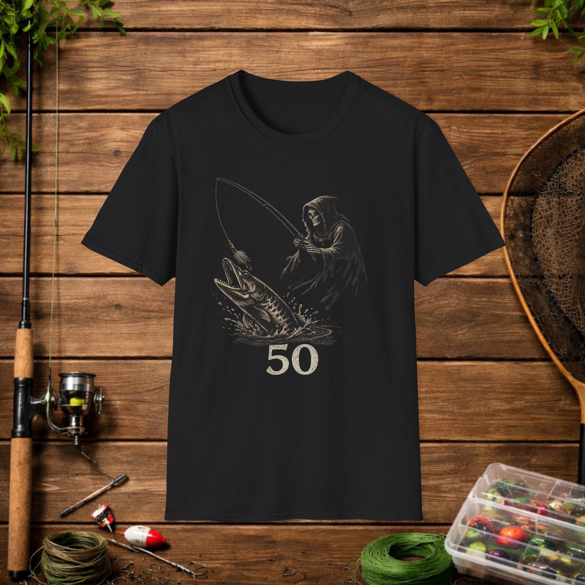Musky Fishing T-Shirt – Grim Reaper Fishing Design “50” – Muskie Angler Shirt – Dark Fishing Tee – Gift for Fishermen